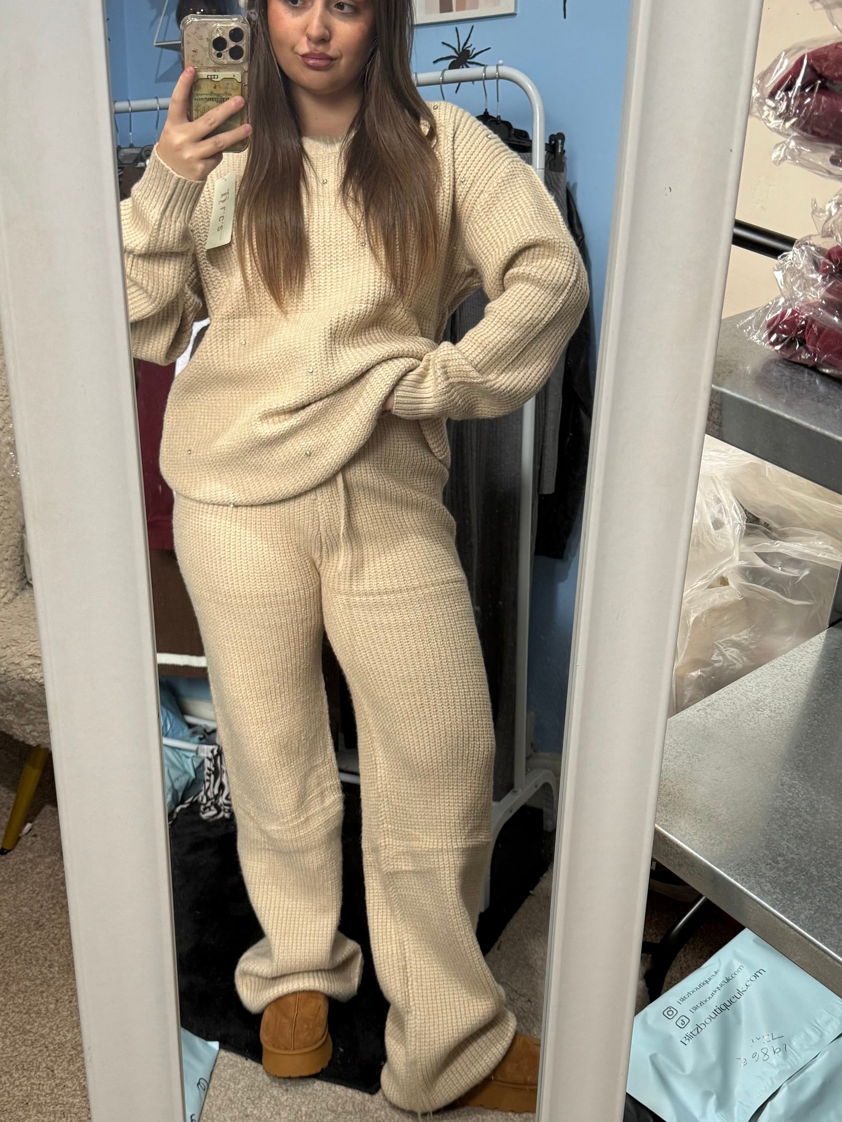 ALICE beige knitted straight leg trouser and matching diamante jumper set