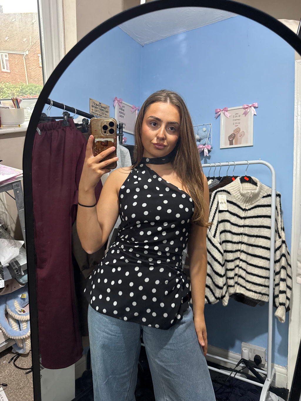 Polka Dot One Shoulder Top - Stylish Black and White Design for Women