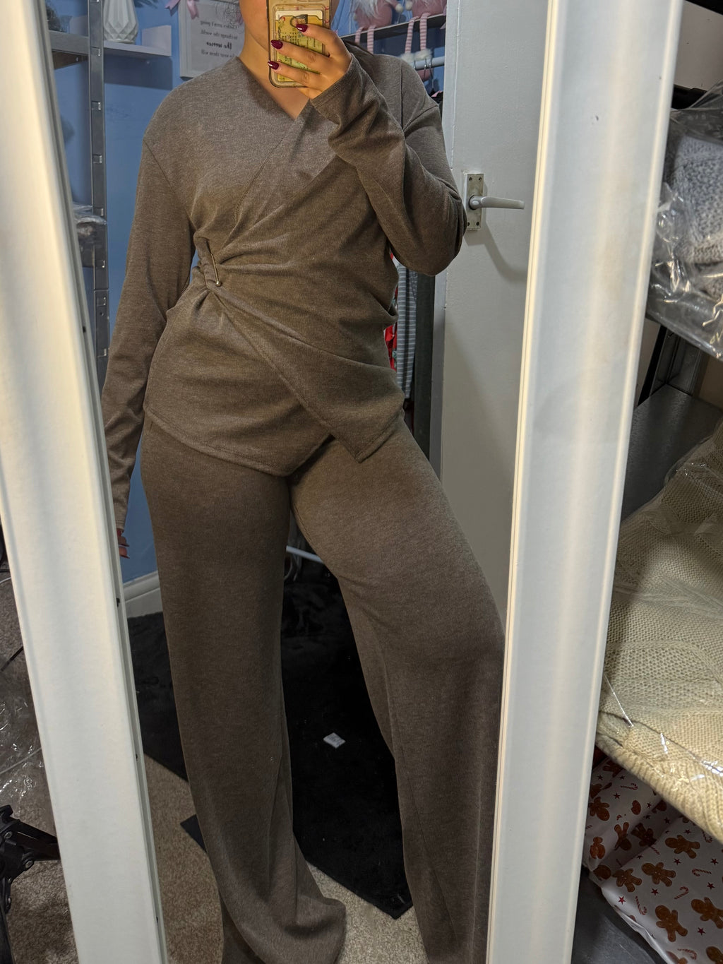 NOVA mocha gathered side top and matching trouser set