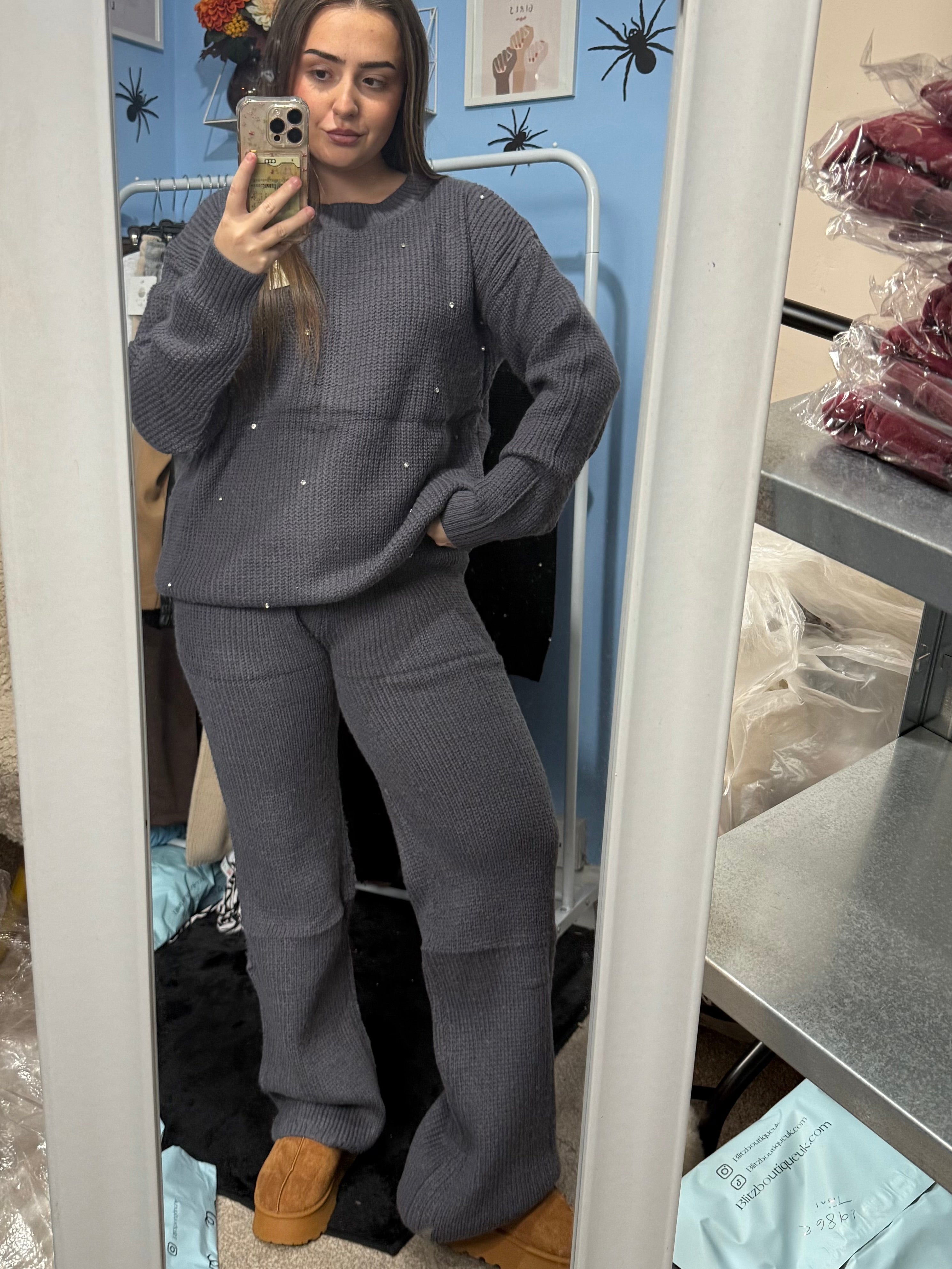 ALICE Charcoal grey knitted straight leg trouser and matching diamante jumper set