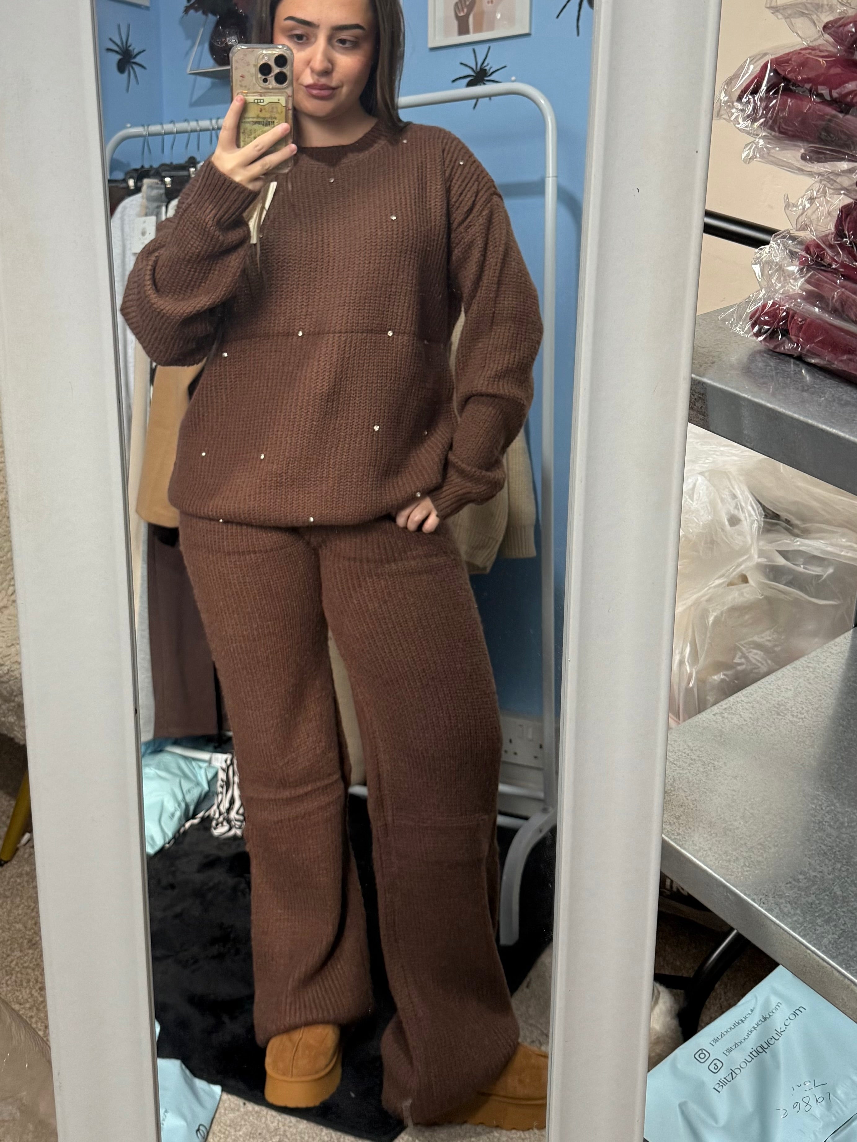 ALICE Chocolate brown knitted straight leg trouser and matching diamante jumper set