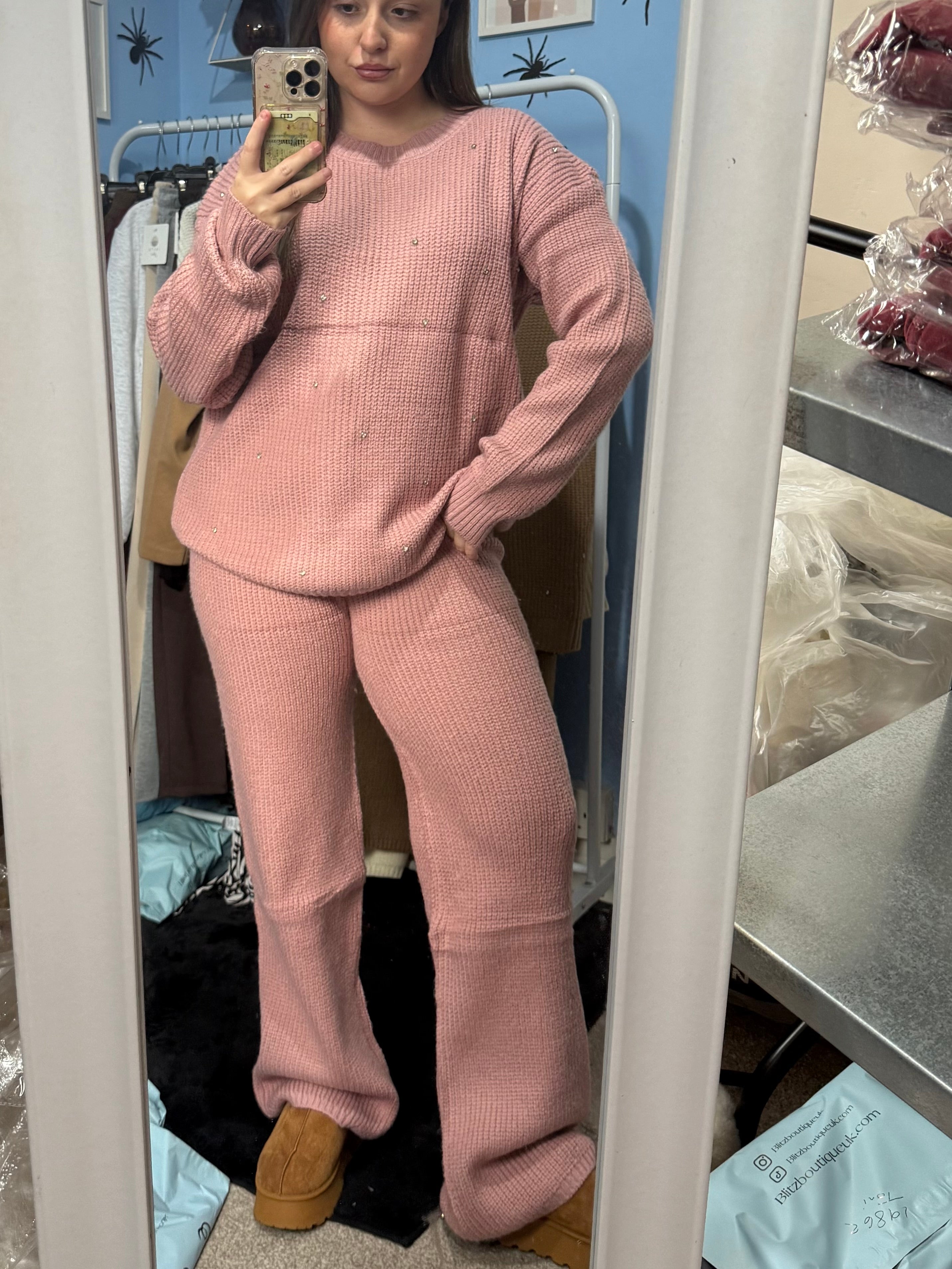 ALICE pink knitted straight leg trouser and matching diamante jumper set