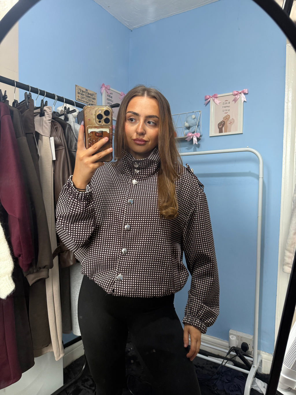 Brown Polka Dot Button-Up Shacket with High Neck and Long Sleeves