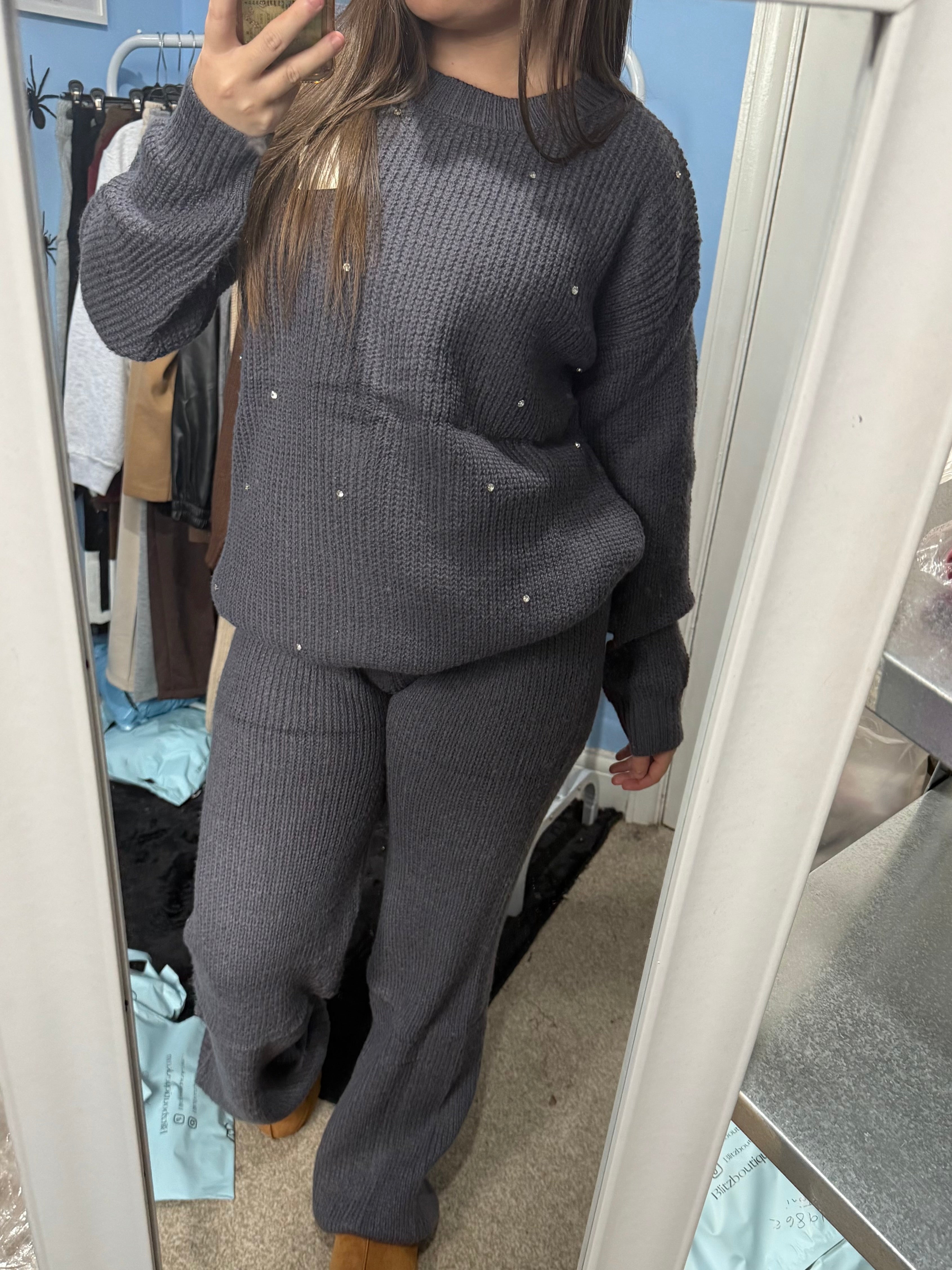 ALICE Charcoal grey knitted straight leg trouser and matching diamante jumper set
