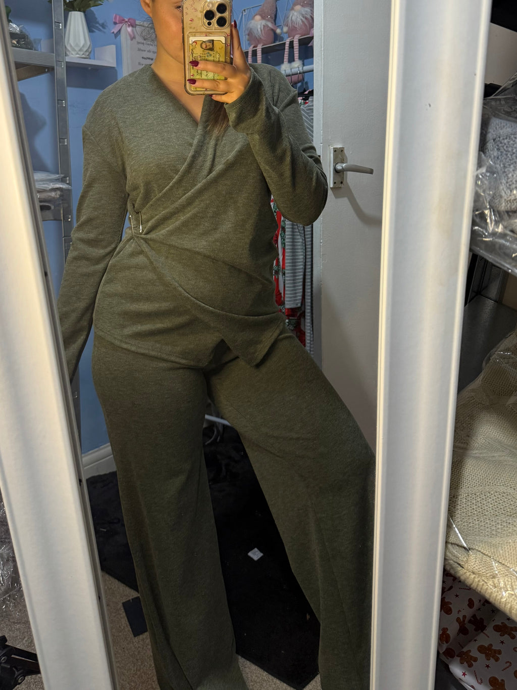 NOVA khaki gathered side top and matching trousers