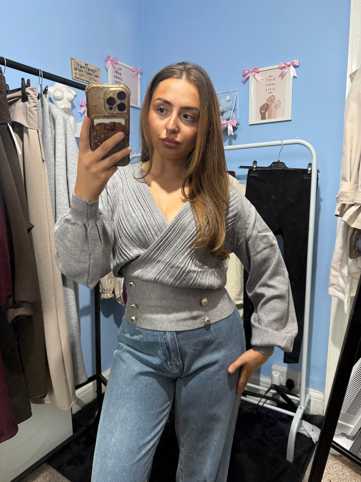White Black and Grey V Neck Button Soft Knit Jumpers for Women