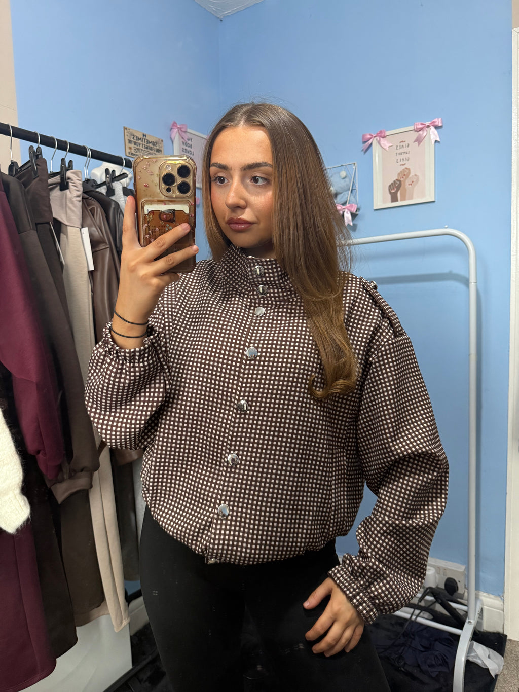 Brown Polka Dot Button-Up Shacket with High Neck and Long Sleeves