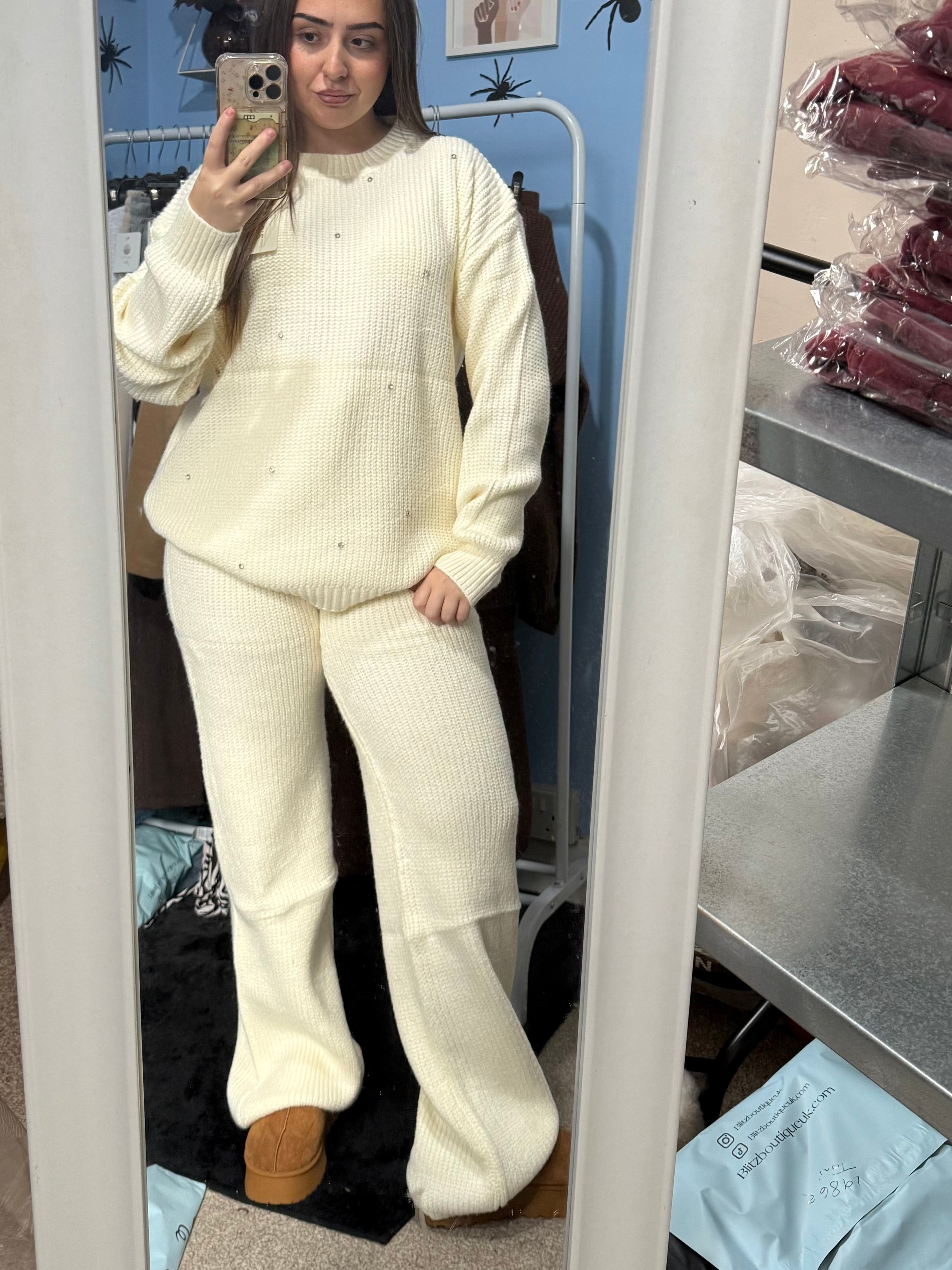 ALICE Cream knitted straight leg trouser and matching diamante jumper set
