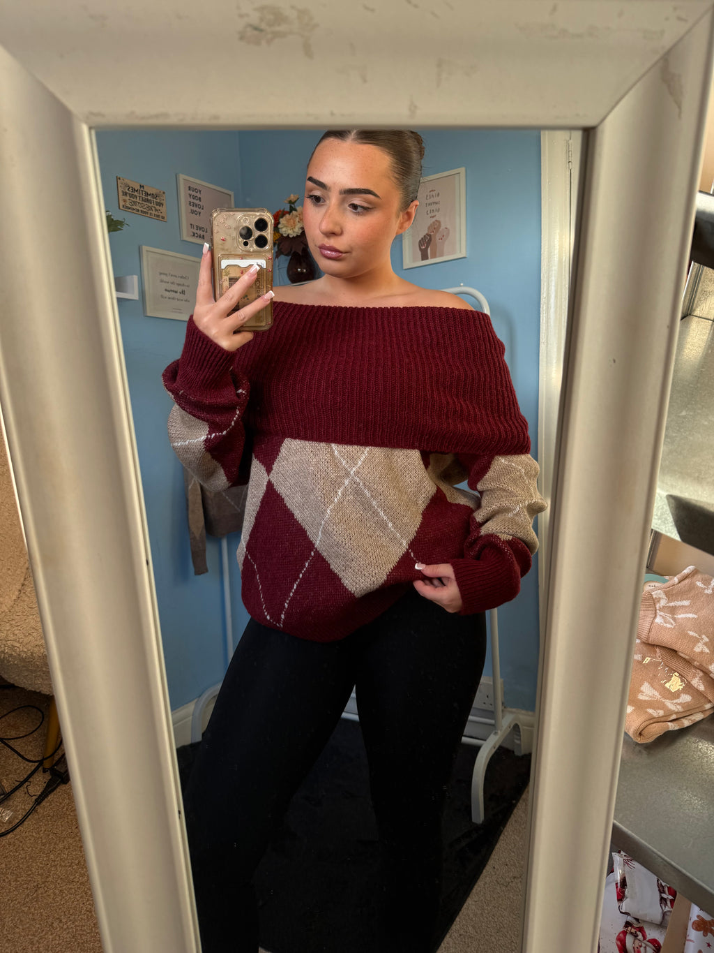 DAHLIA wine off the shoulder jumper