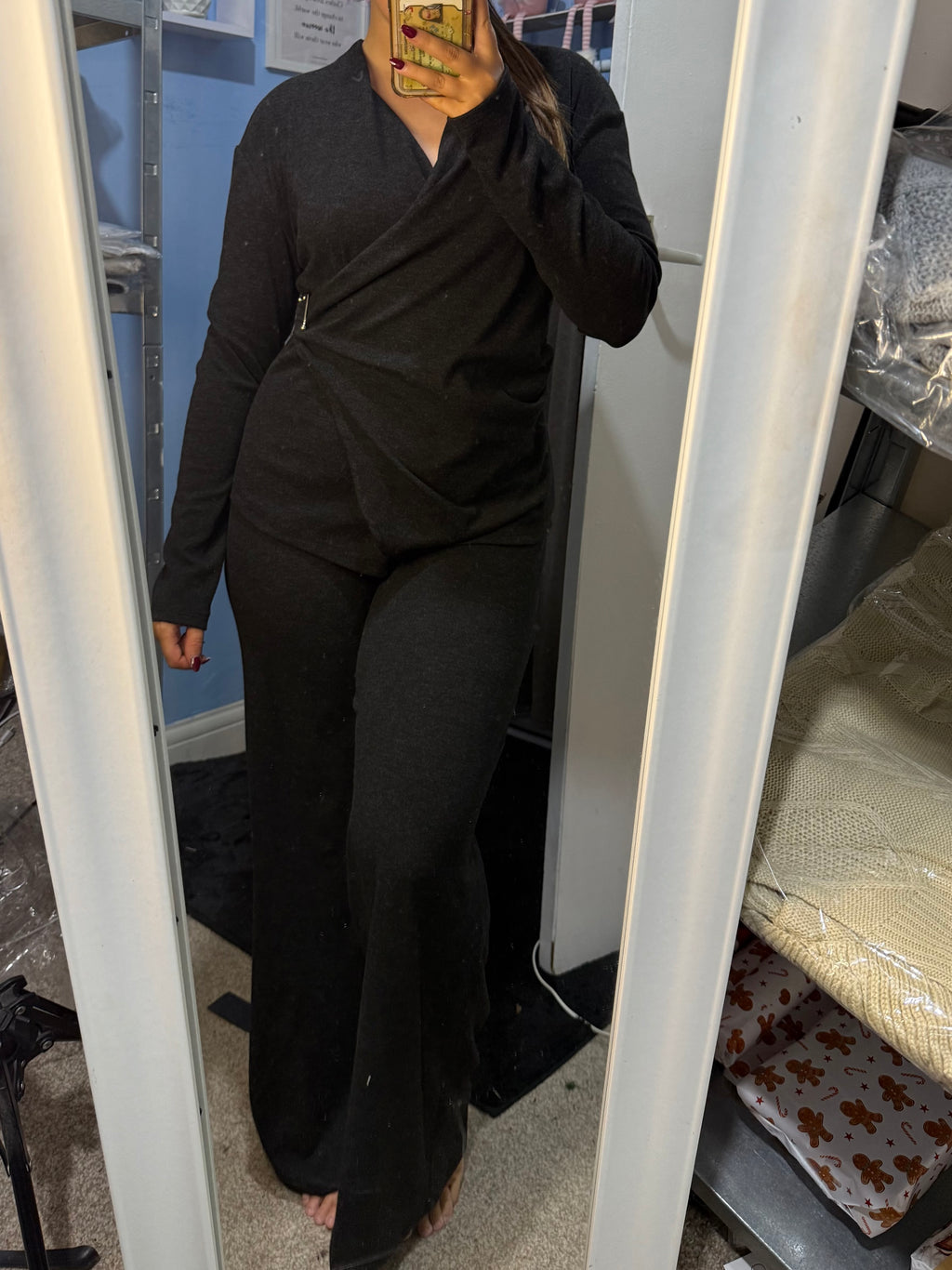 NOVA black gathered side top and matching trouser set