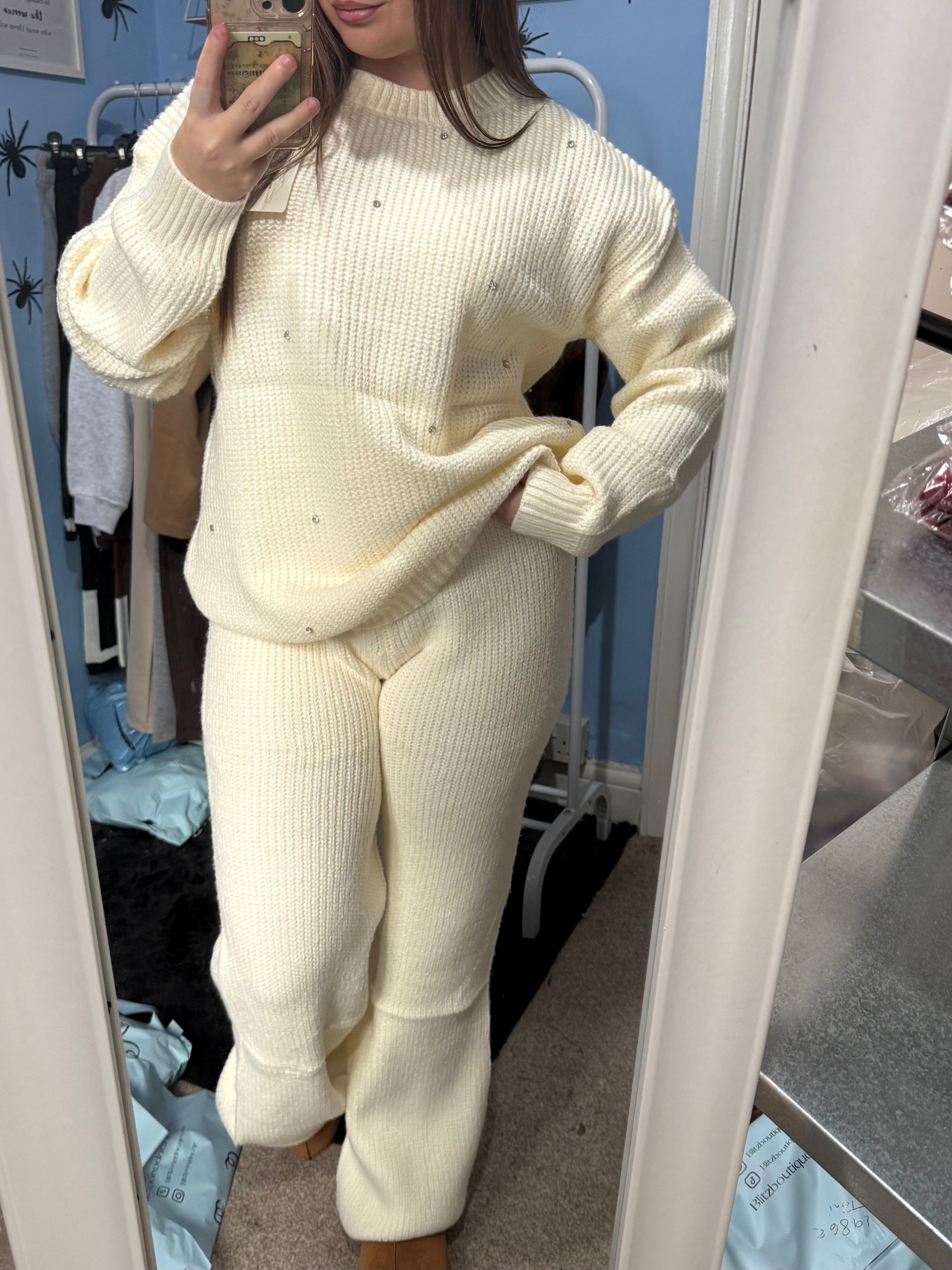 ALICE Cream knitted straight leg trouser and matching diamante jumper set