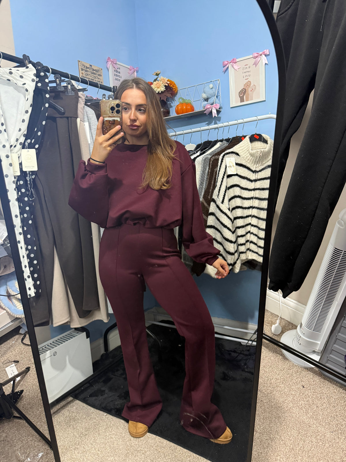 Brown and Burgundy Long Sleeve Top & Matching Trousers Set for Women