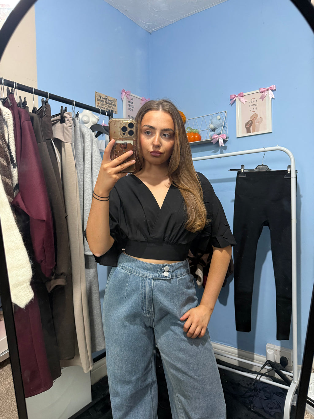 Black V-Neck Crop Top with Flared Sleeves