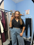 Black V-Neck Crop Top with Flared Sleeves