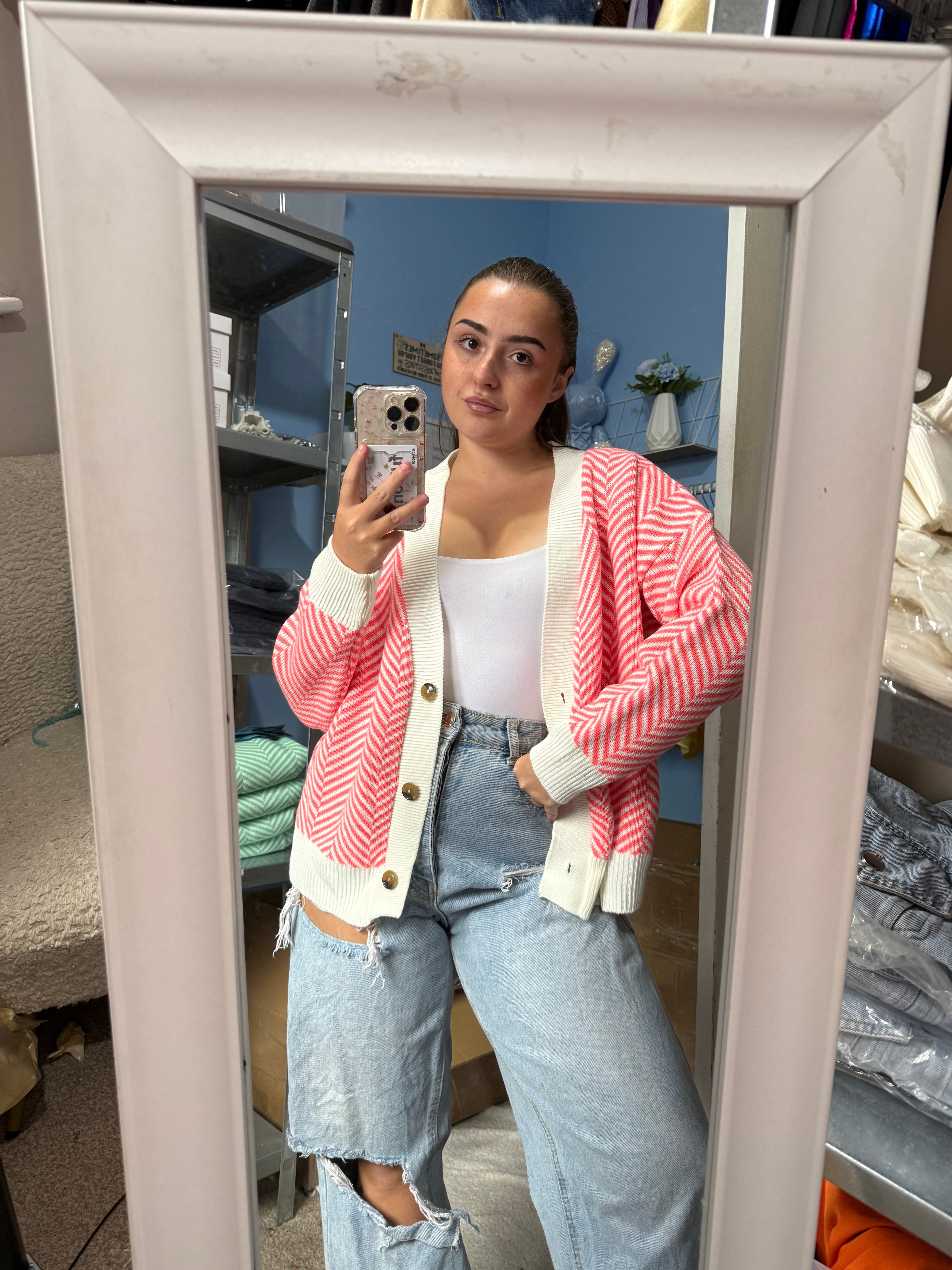ERIN coral striped knitted cardigan