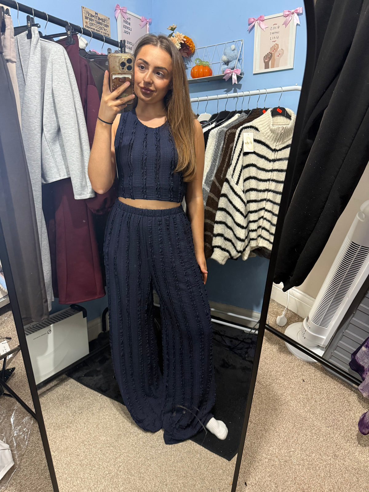 Navy Blue, Black and Pink Cropped Top & Wide Leg Trousers Set for Women