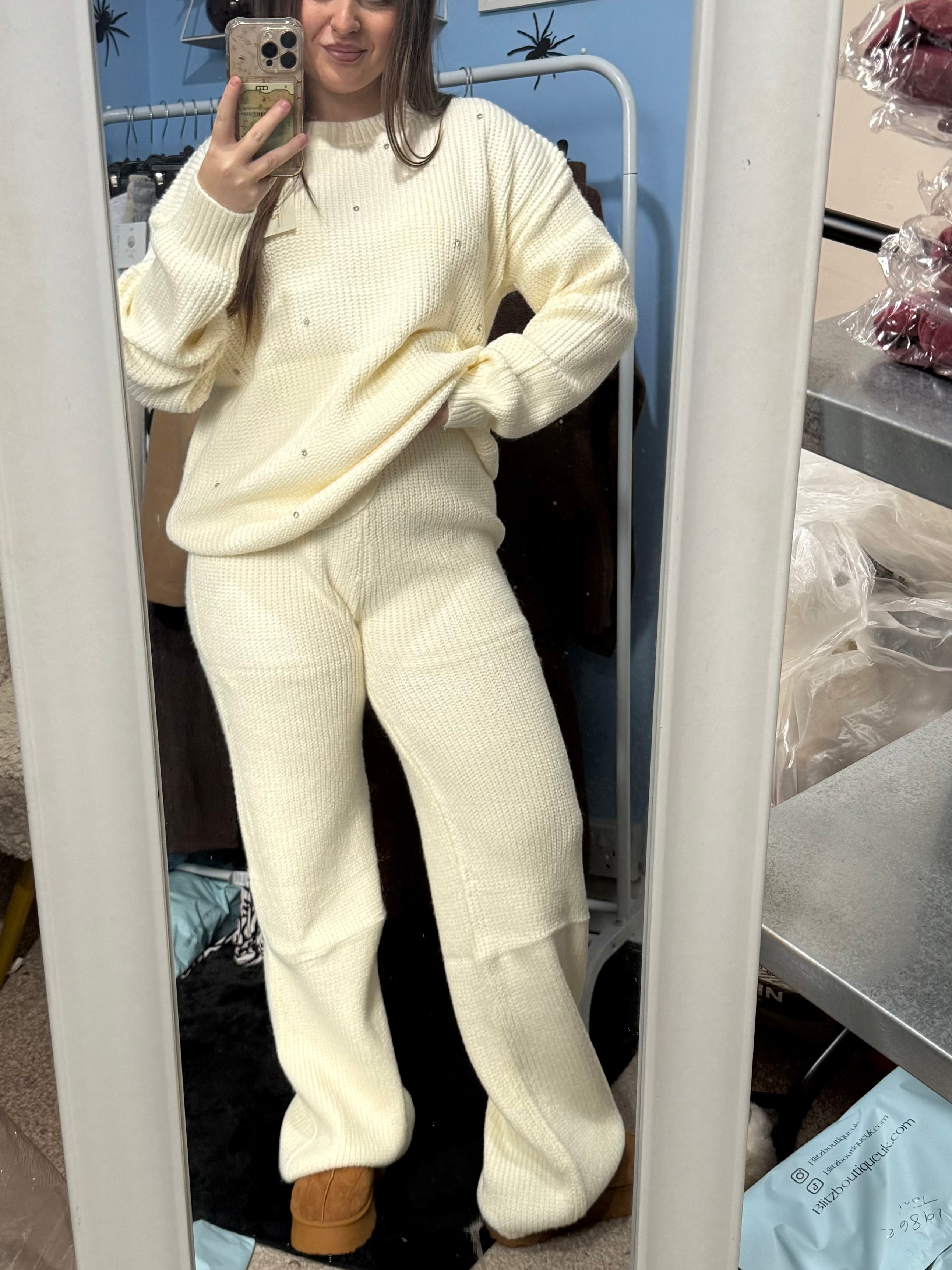 ALICE Cream knitted straight leg trouser and matching diamante jumper set