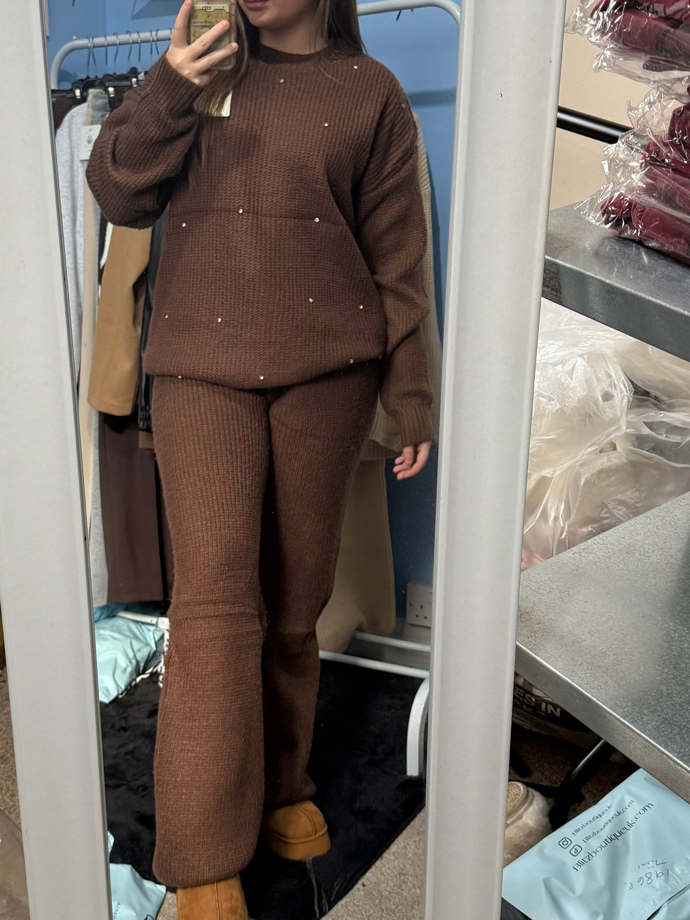 ALICE Chocolate brown knitted straight leg trouser and matching diamante jumper set