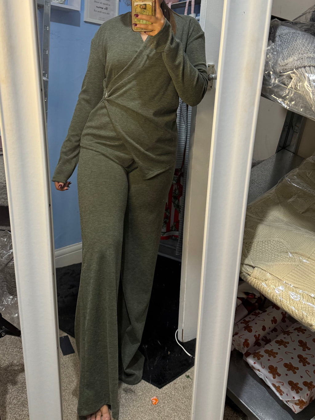 NOVA khaki gathered side top and matching trousers