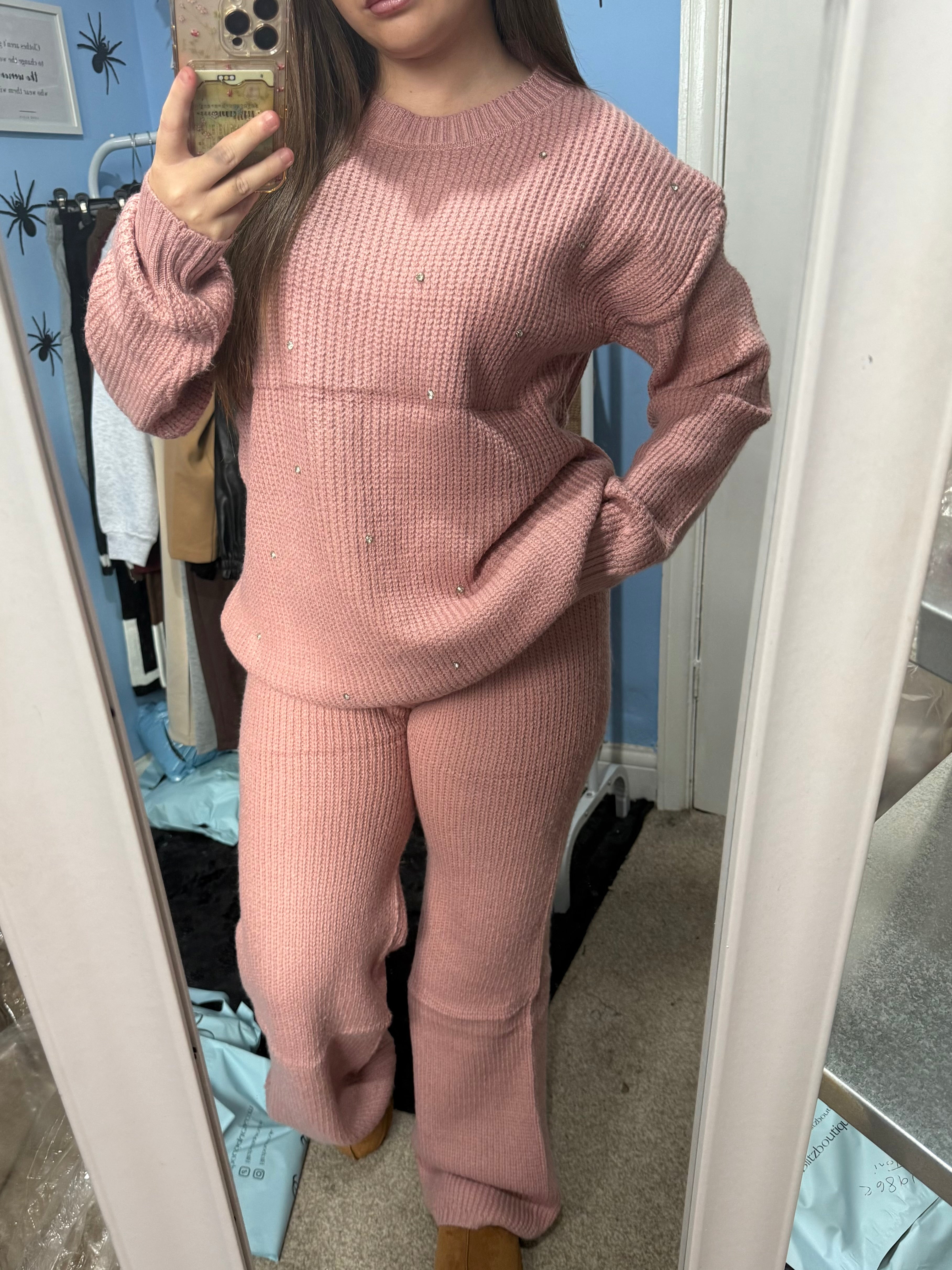 ALICE pink knitted straight leg trouser and matching diamante jumper set