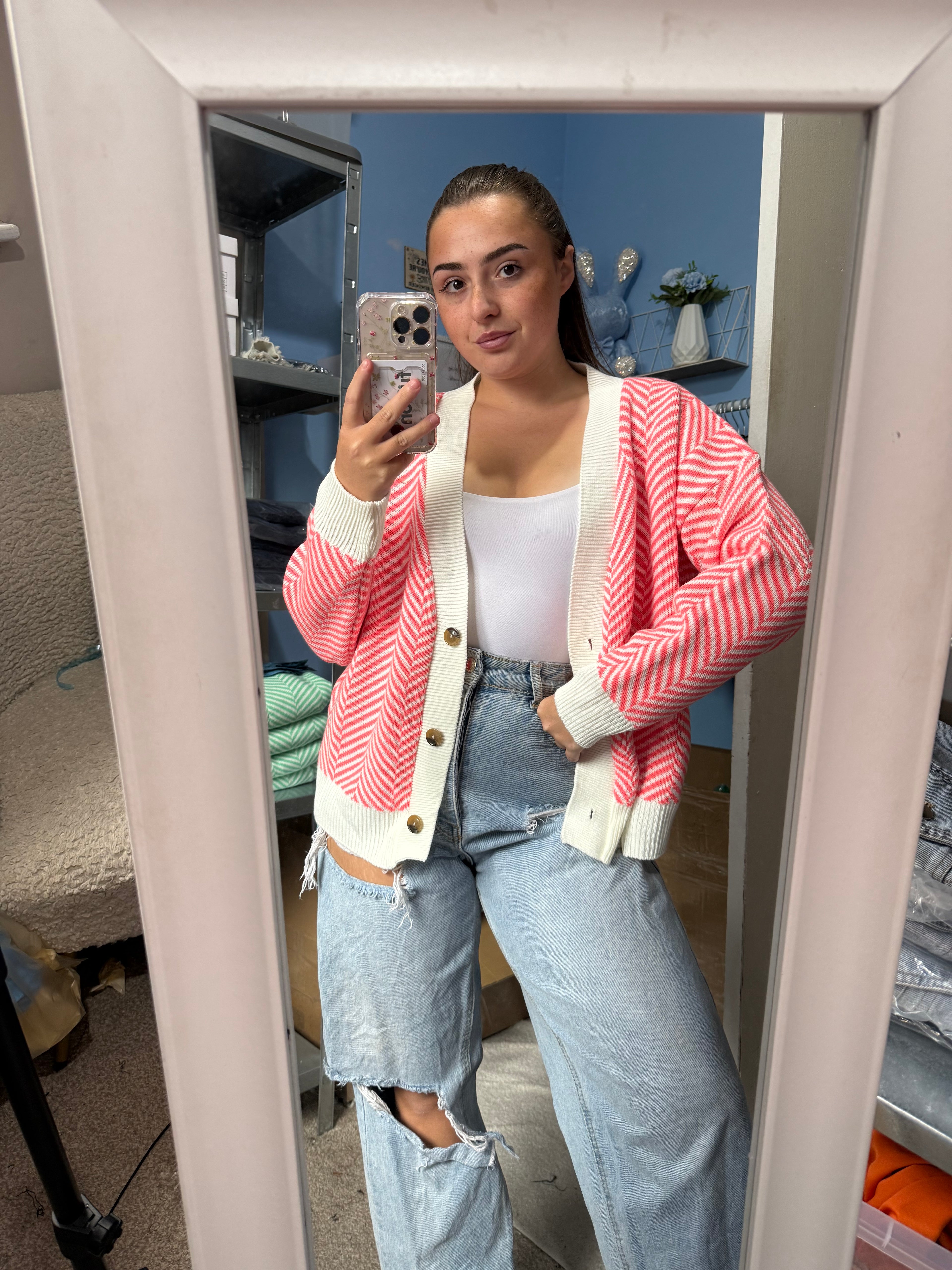 ERIN coral striped knitted cardigan