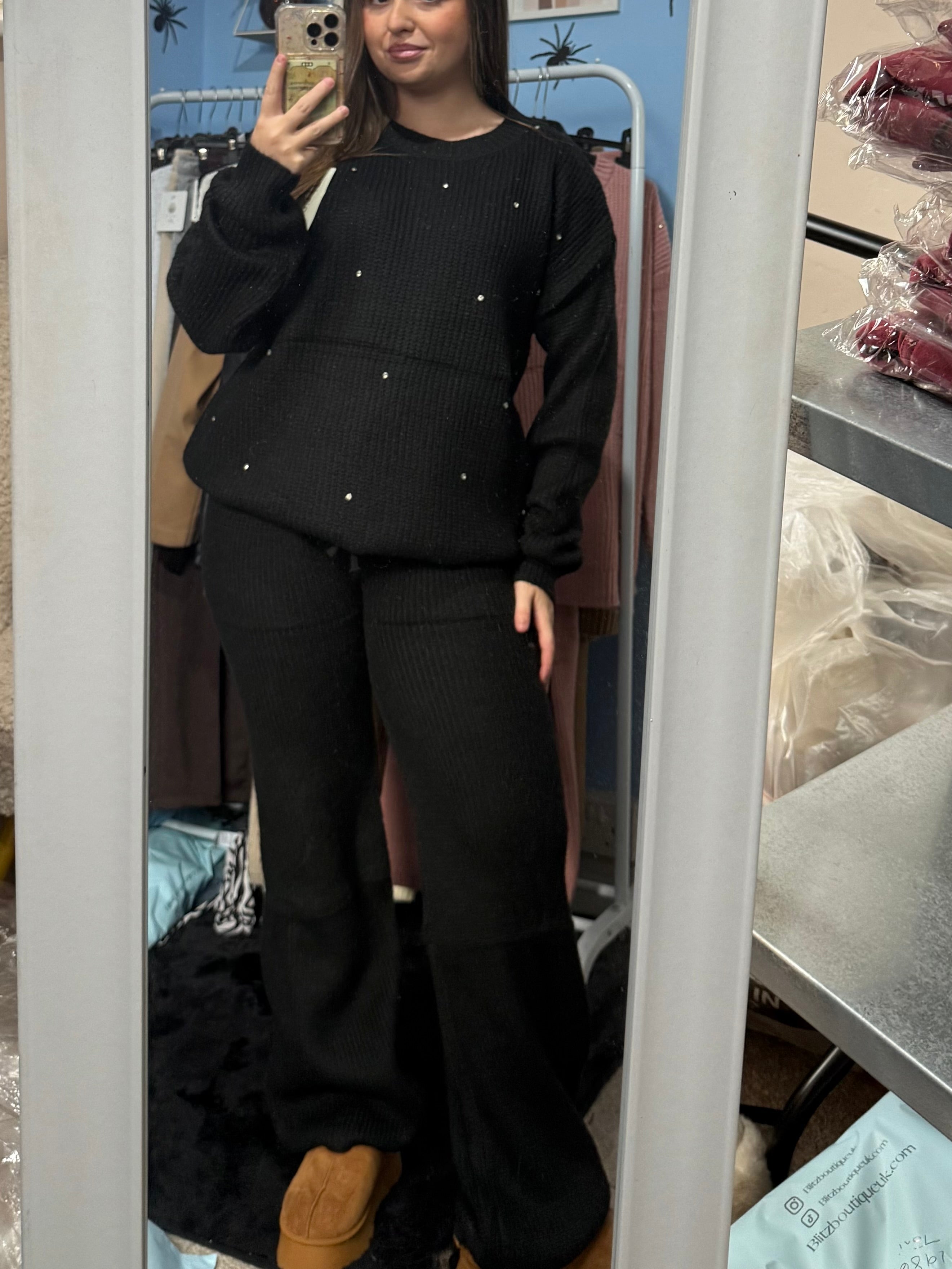 ALICE black knitter straight leg trousers and matching diamante jumper set