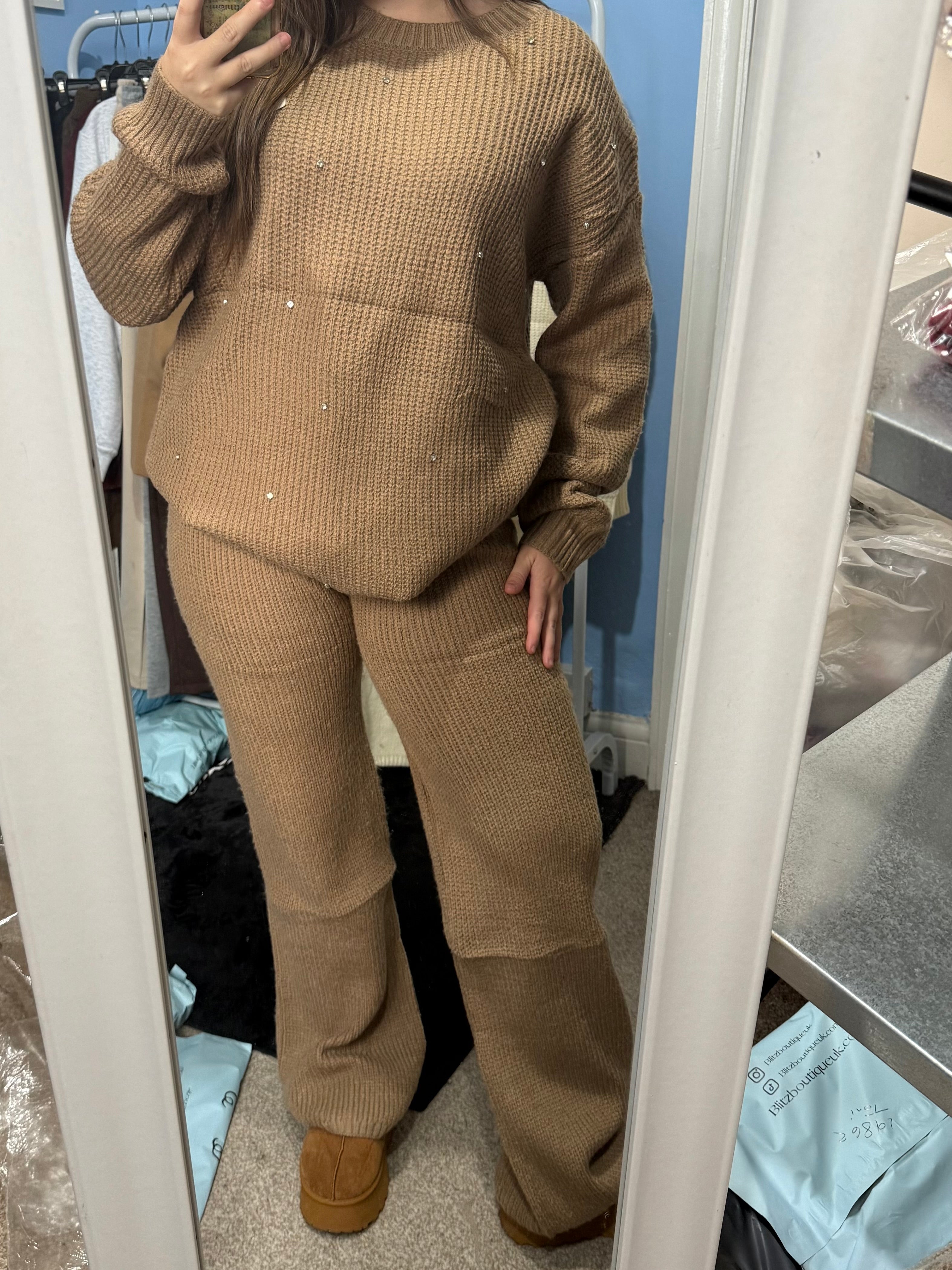 ALICE Mocha knitted straight leg trouser and matching diamante jumper set