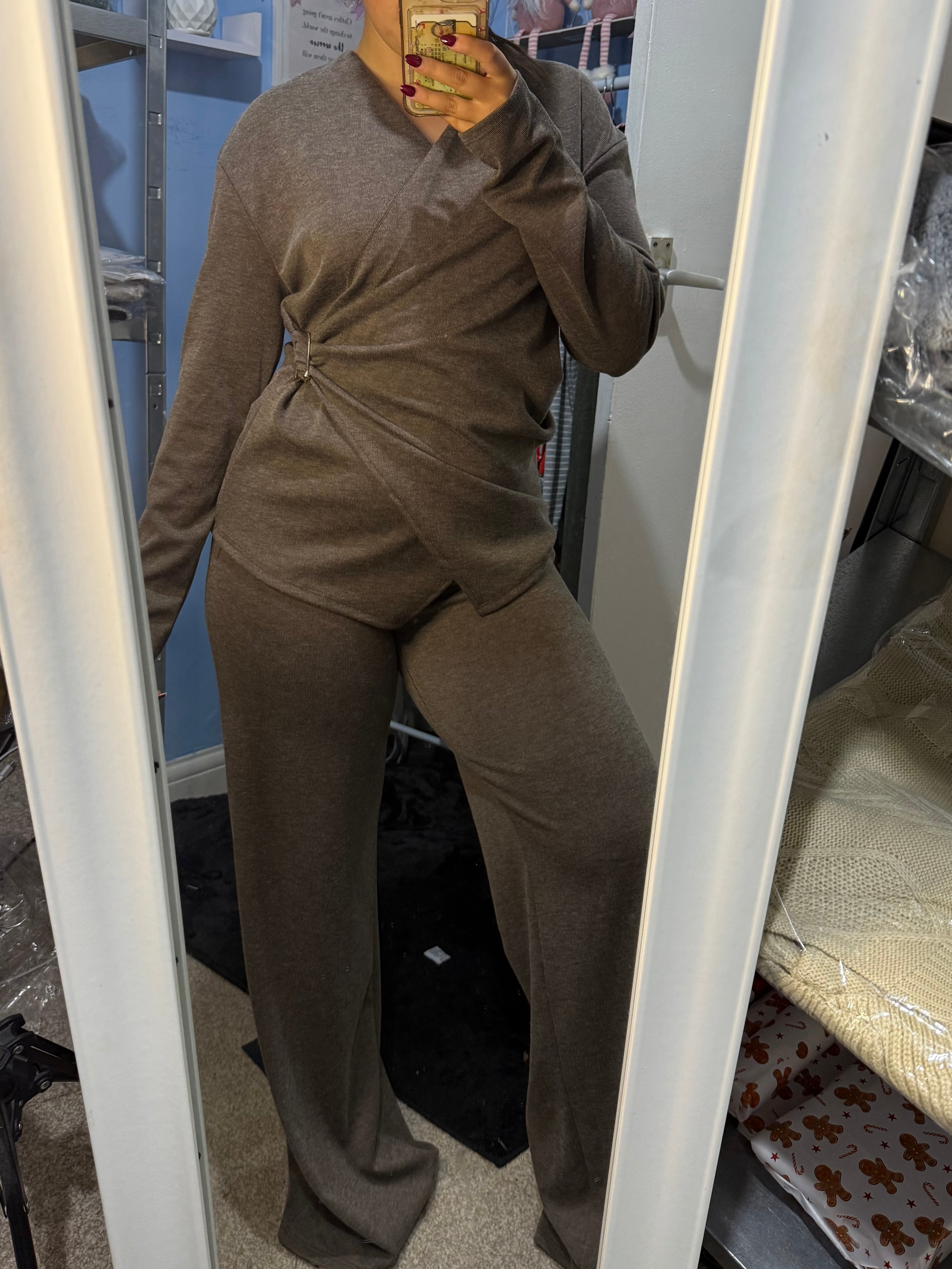 NOVA mocha gathered side top and matching trouser set