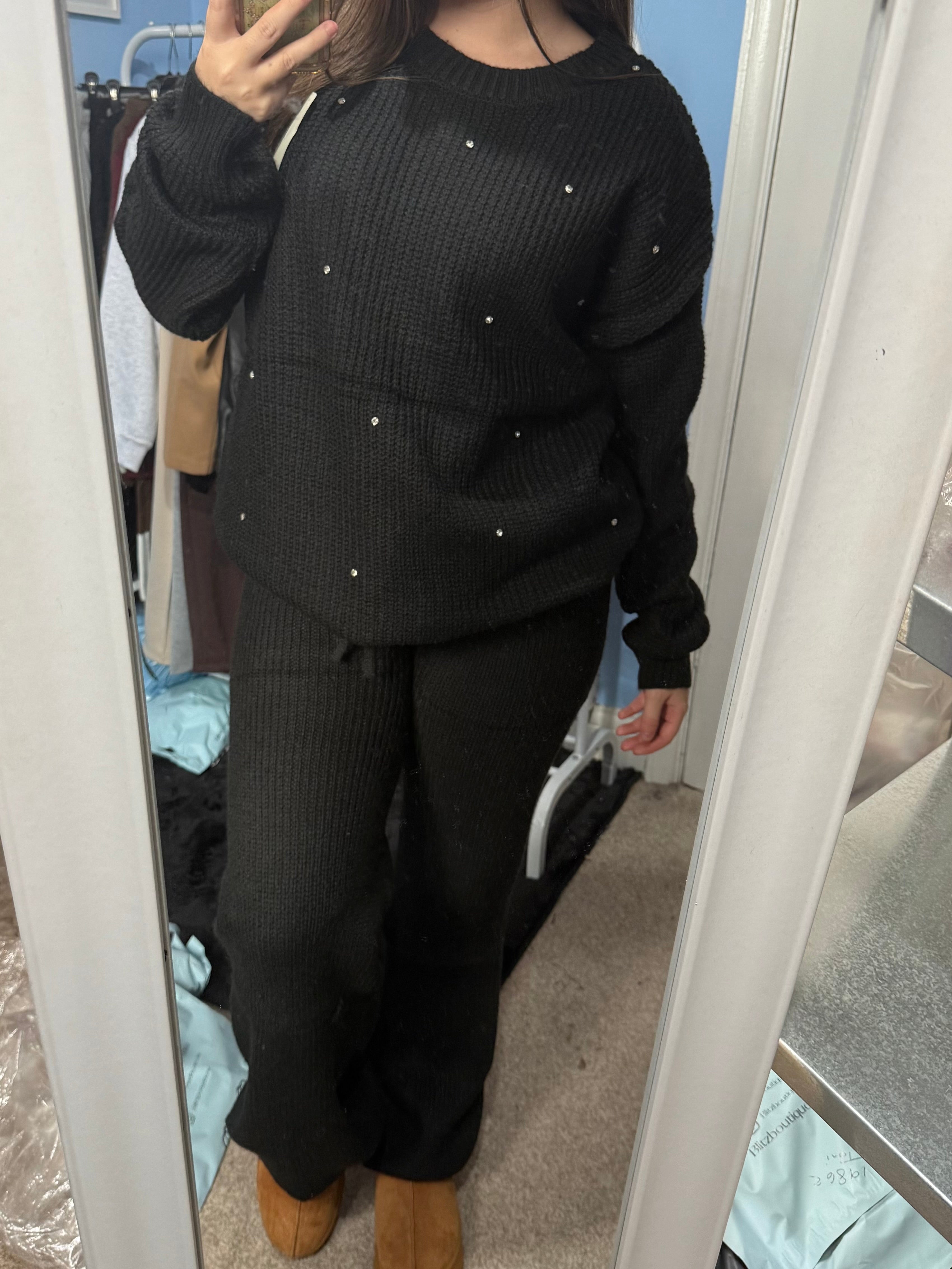 ALICE black knitter straight leg trousers and matching diamante jumper set