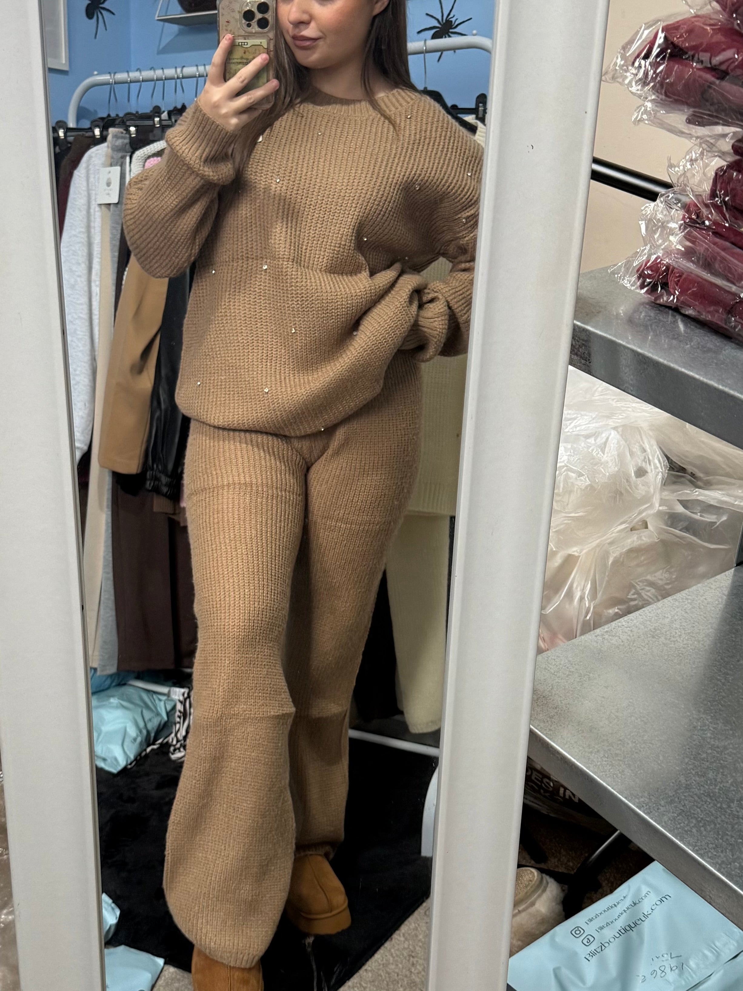 ALICE Mocha knitted straight leg trouser and matching diamante jumper set