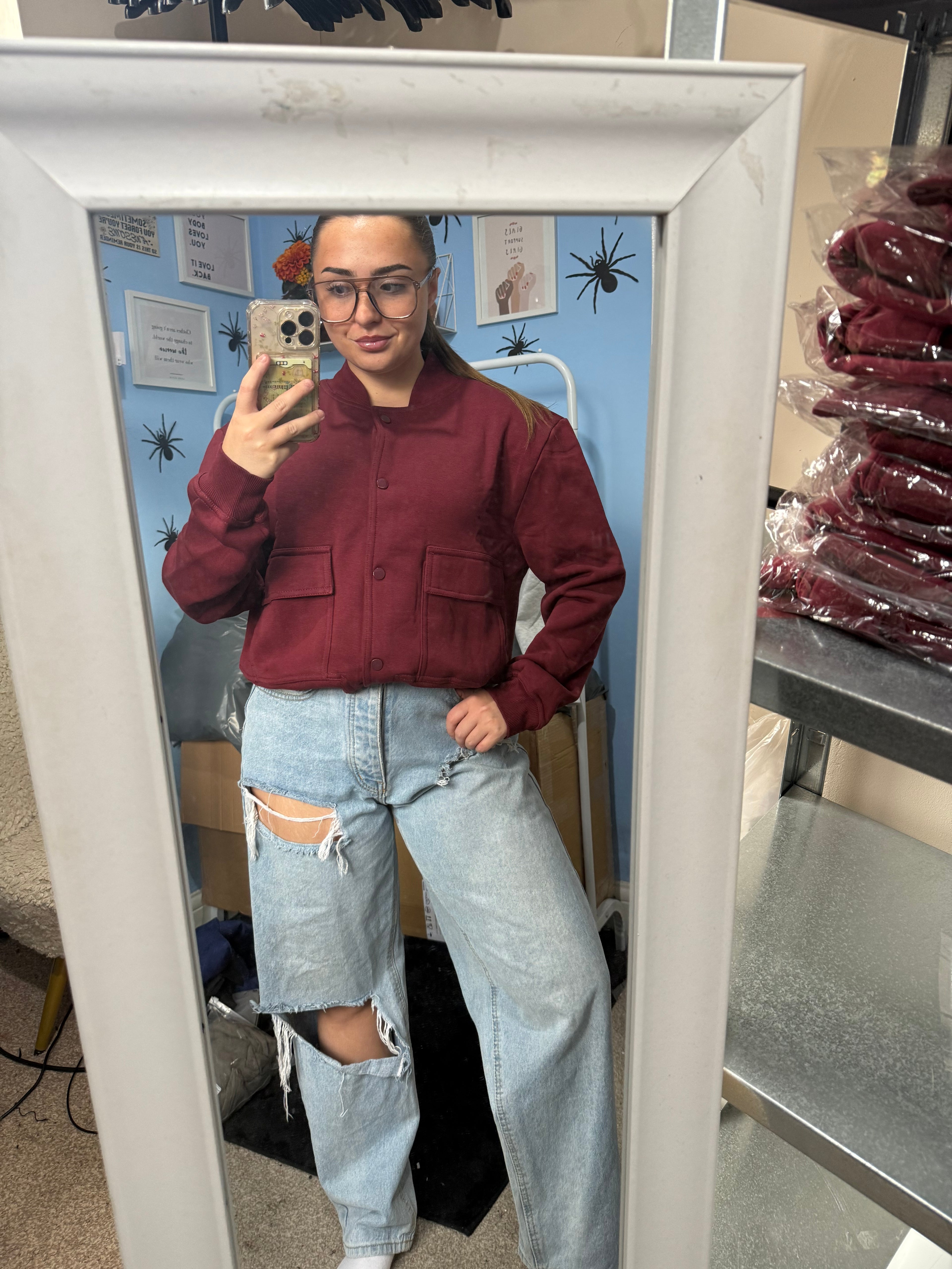 ASPEN burgundy fleece lined bomber jacket