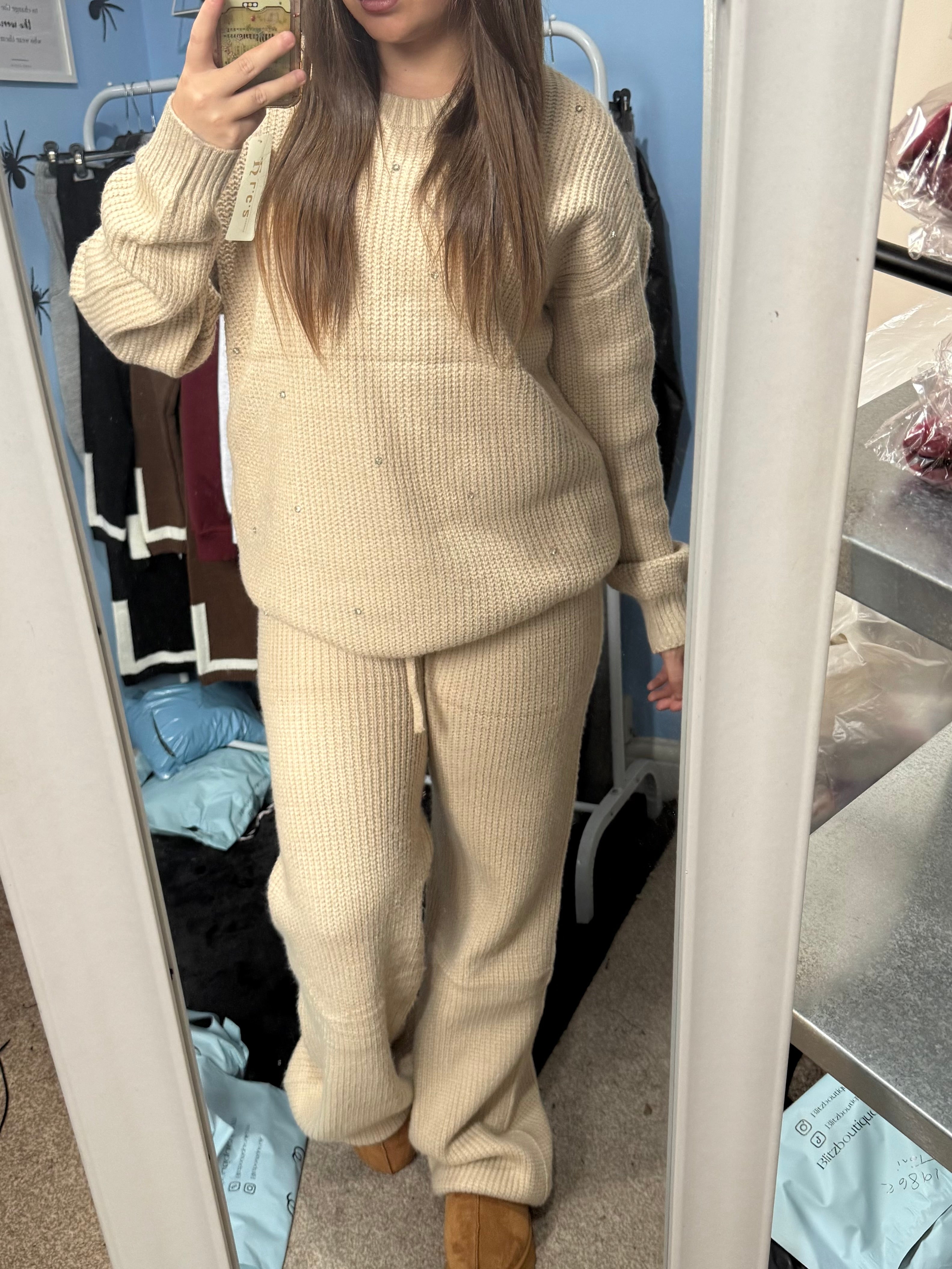 ALICE beige knitted straight leg trouser and matching diamante jumper set