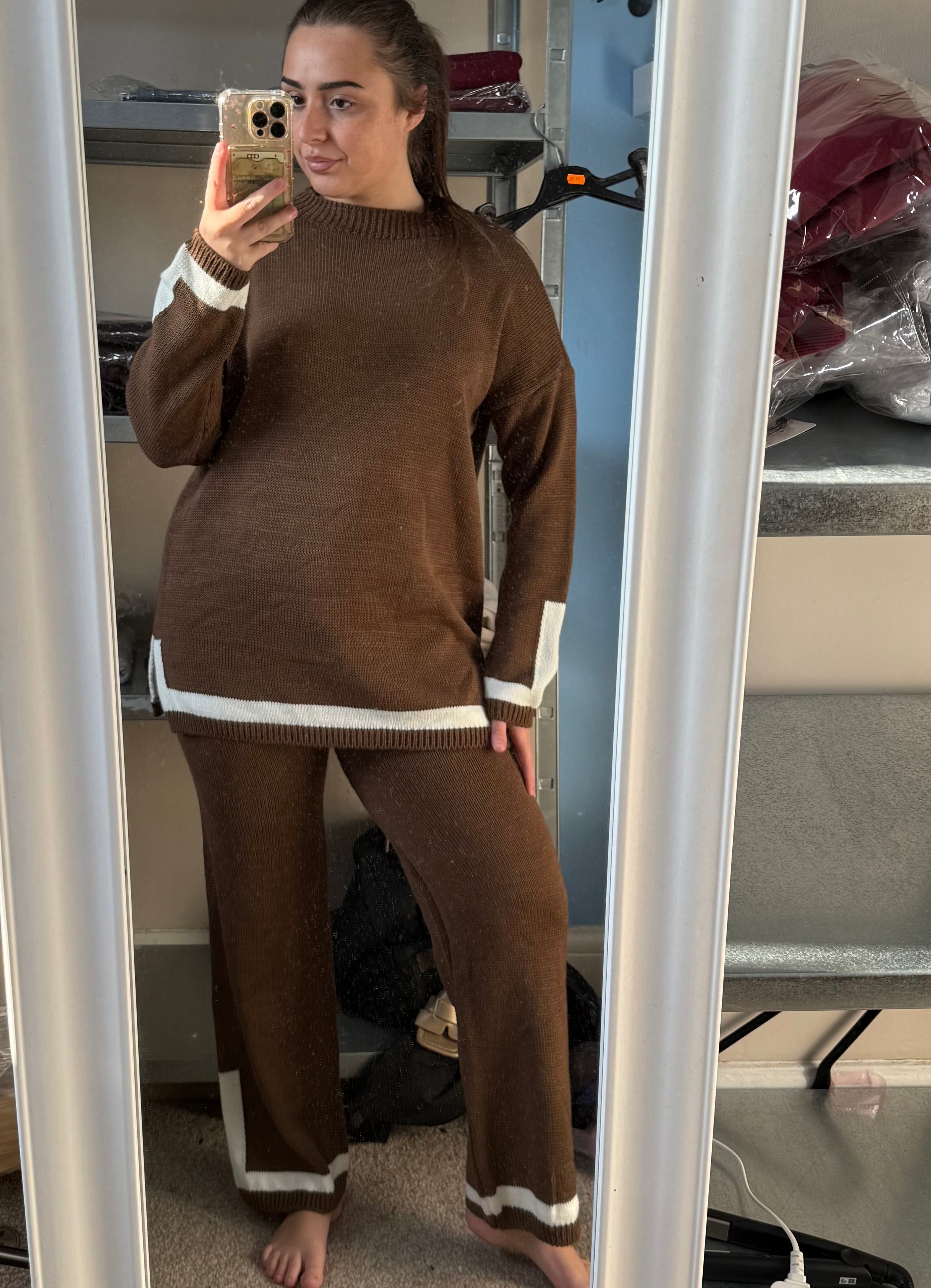 HAZEL chocolate brown knitted jumper and straight leg trouser set