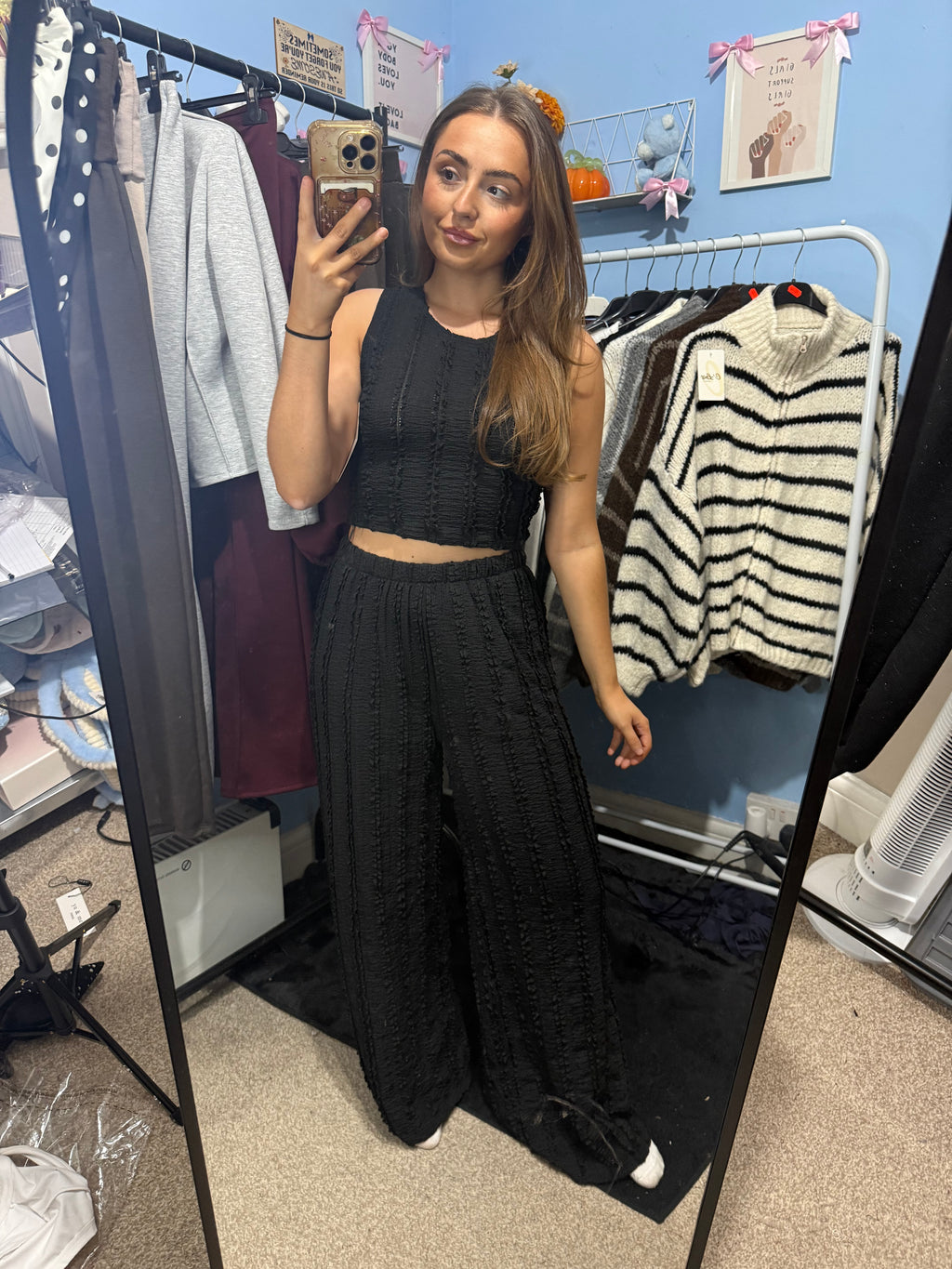 Navy Blue, Black and Pink Cropped Top & Wide Leg Trousers Set for Women
