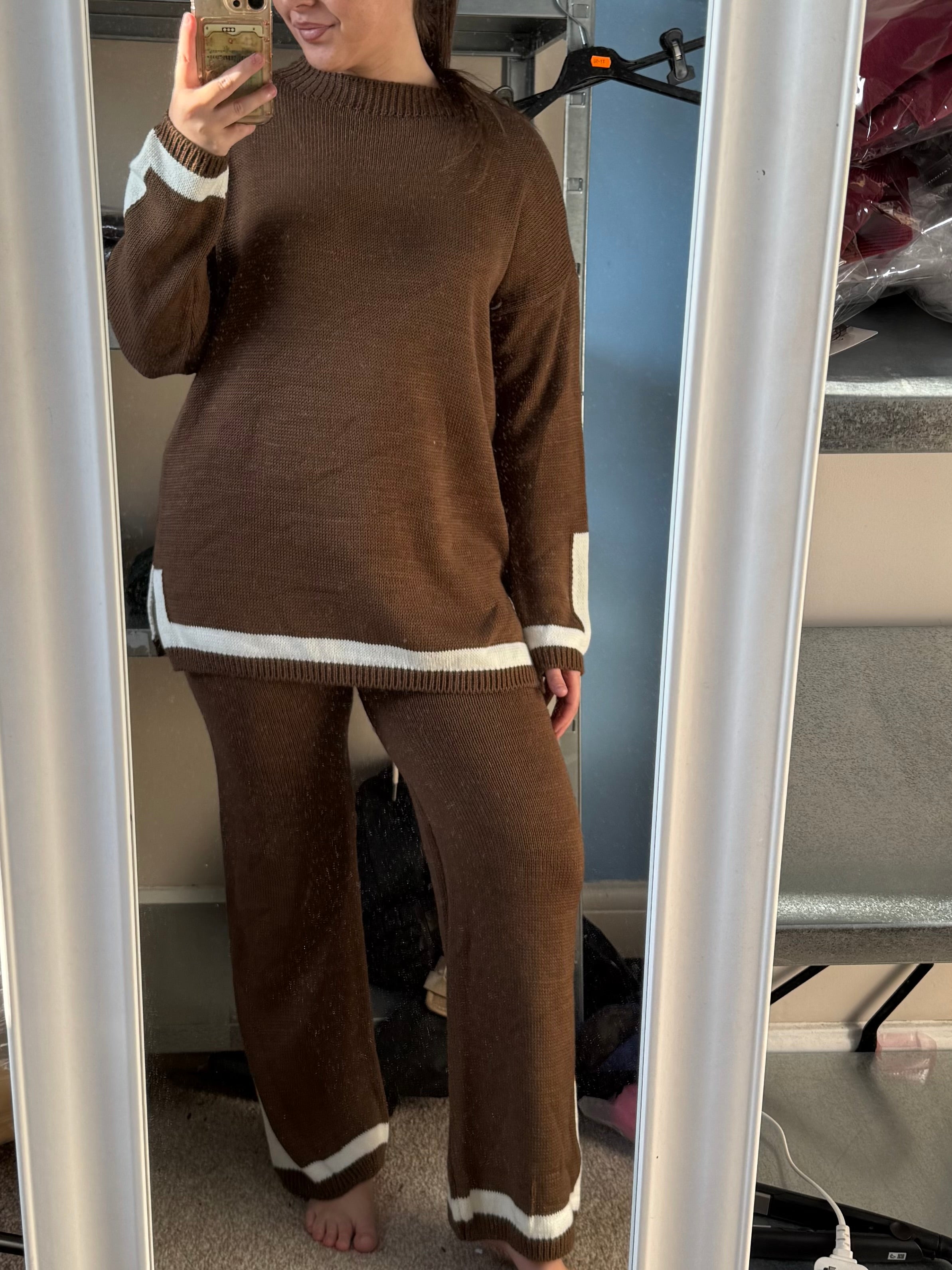 HAZEL chocolate brown knitted jumper and straight leg trouser set