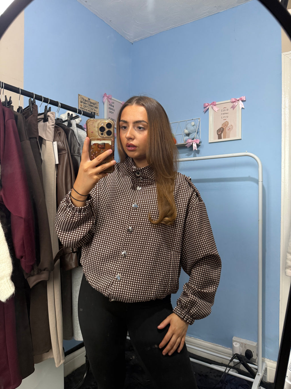 Brown Polka Dot Button-Up Shacket with High Neck and Long Sleeves