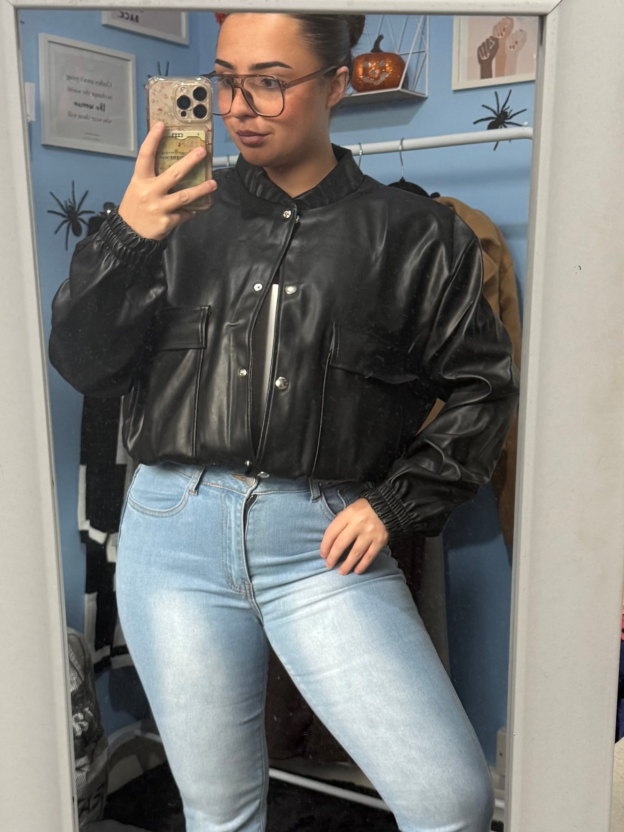 RAVEN black pleather bomber jacket