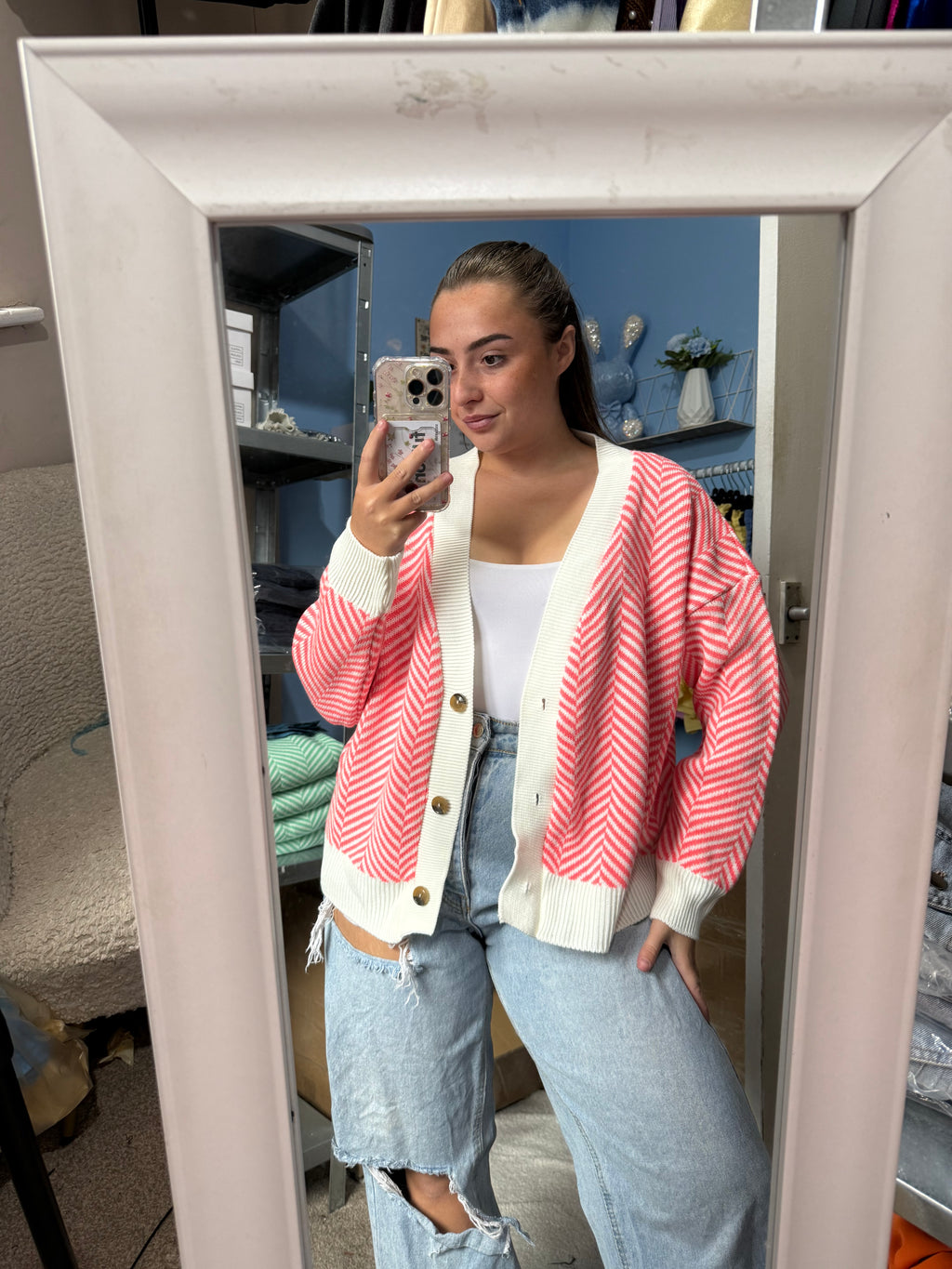 ERIN coral striped knitted cardigan