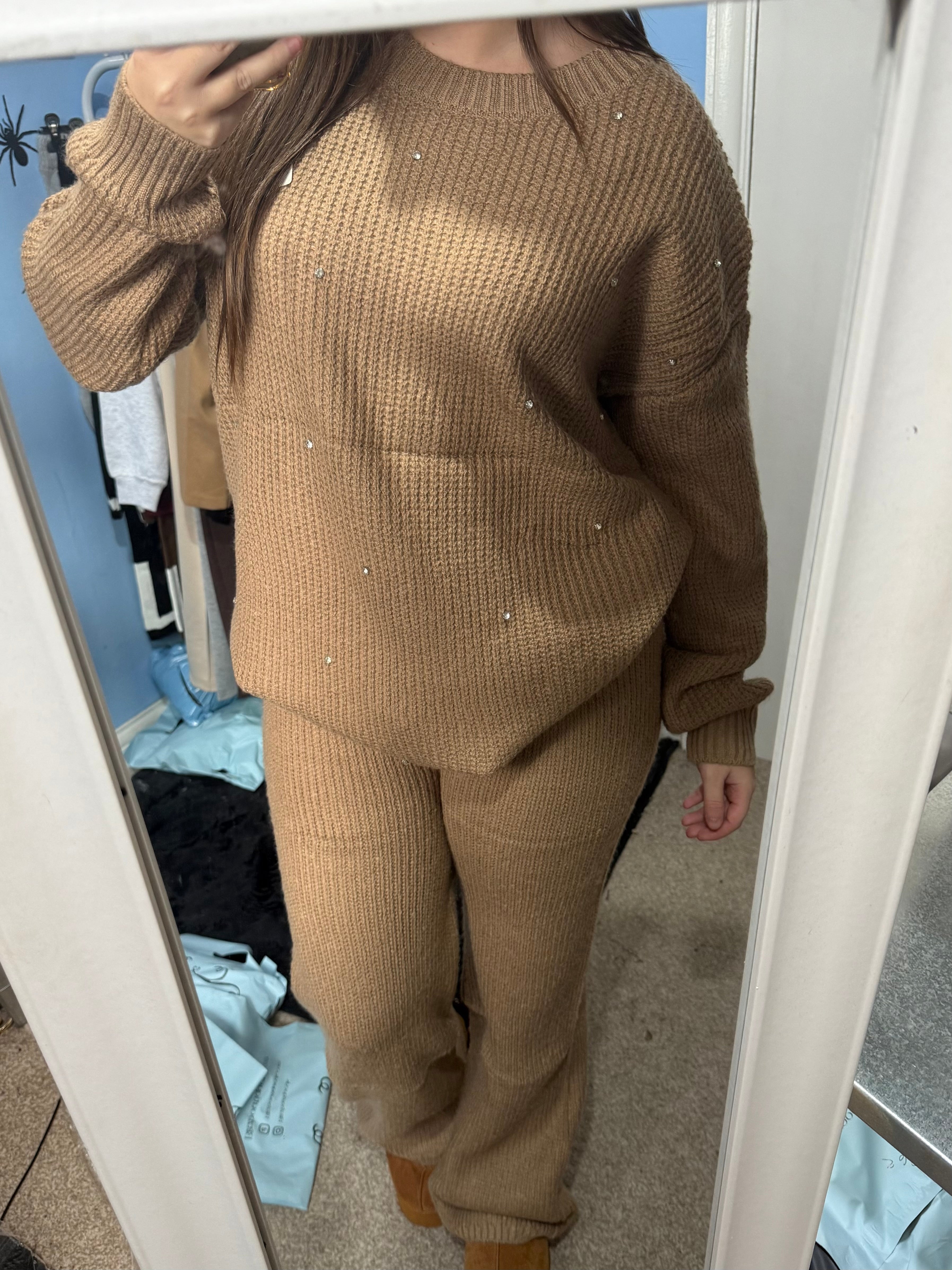 ALICE Mocha knitted straight leg trouser and matching diamante jumper set