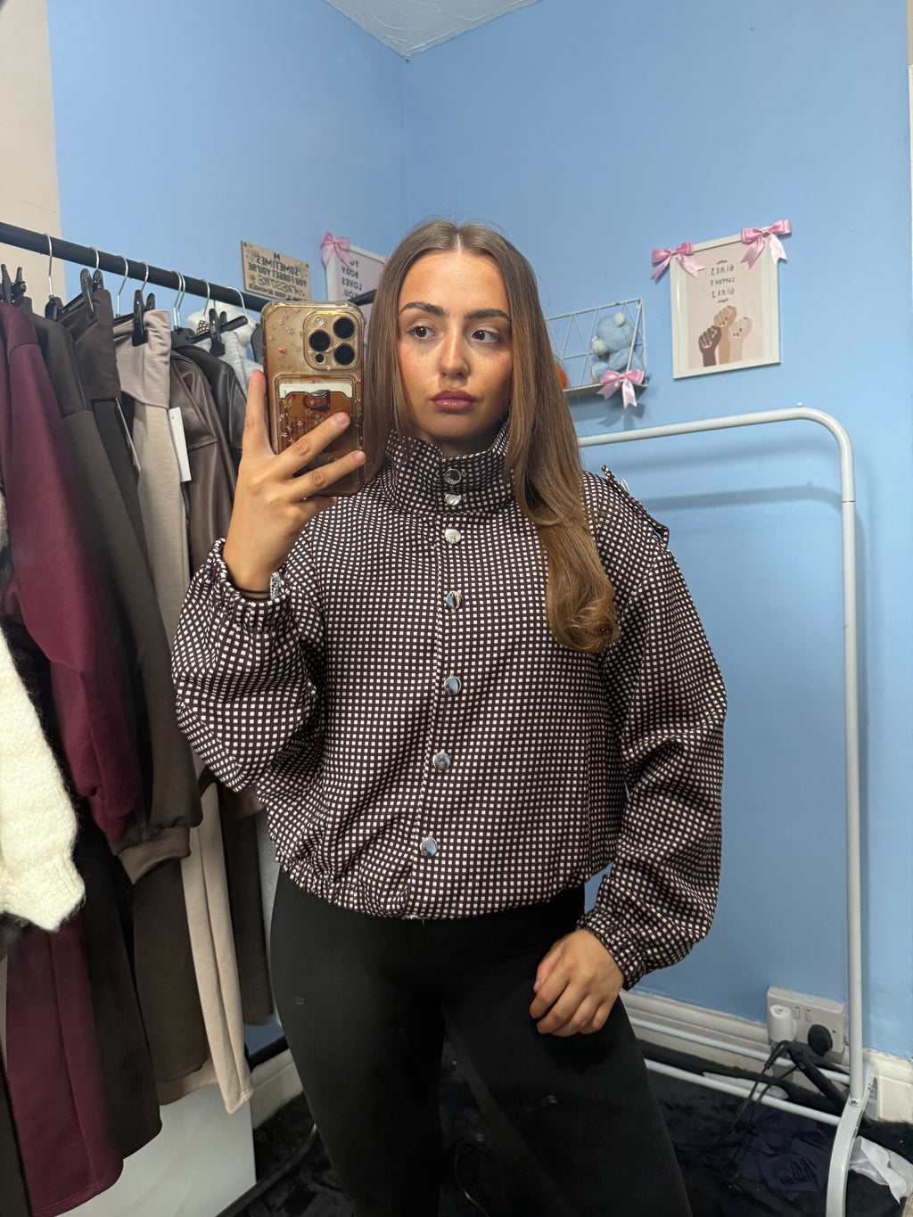 Brown Polka Dot Button-Up Shacket with High Neck and Long Sleeves