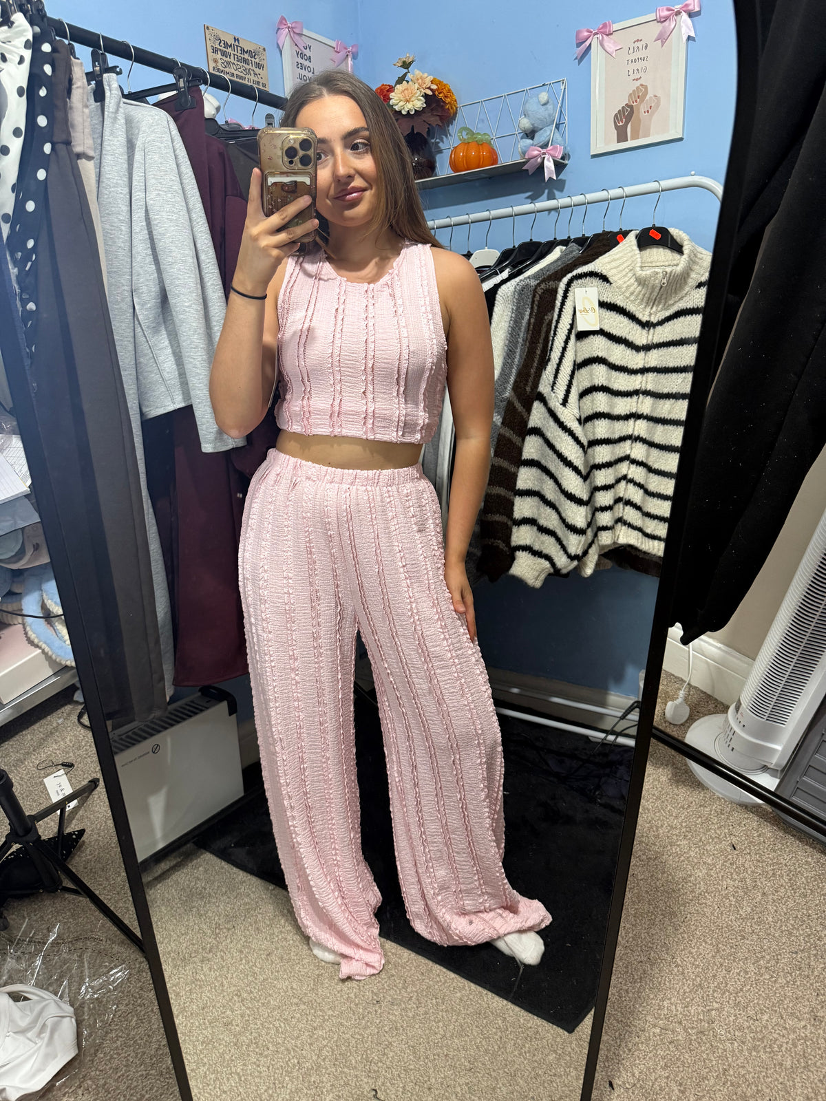 Navy Blue, Black and Pink Cropped Top & Wide Leg Trousers Set for Women
