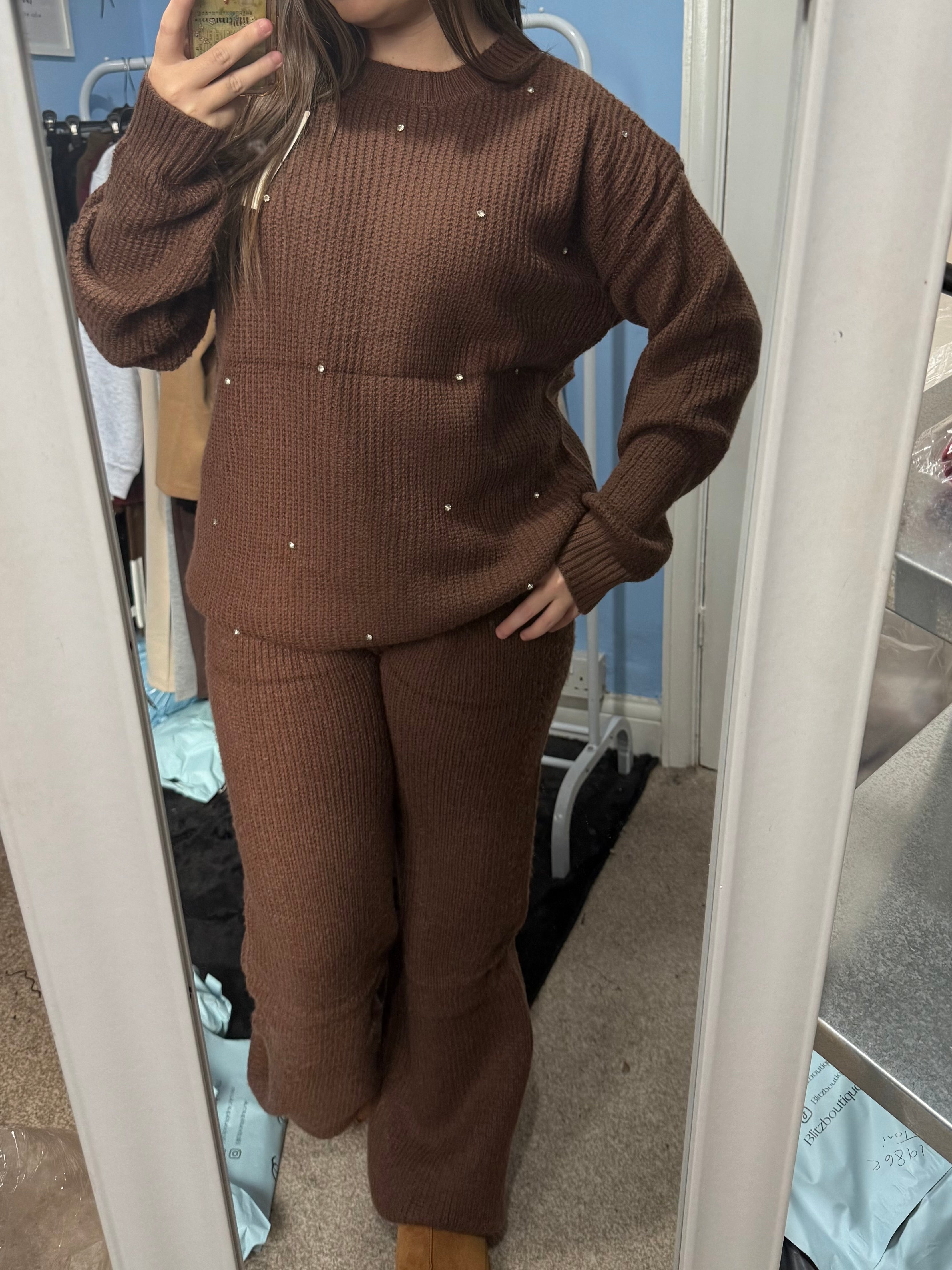 ALICE Chocolate brown knitted straight leg trouser and matching diamante jumper set