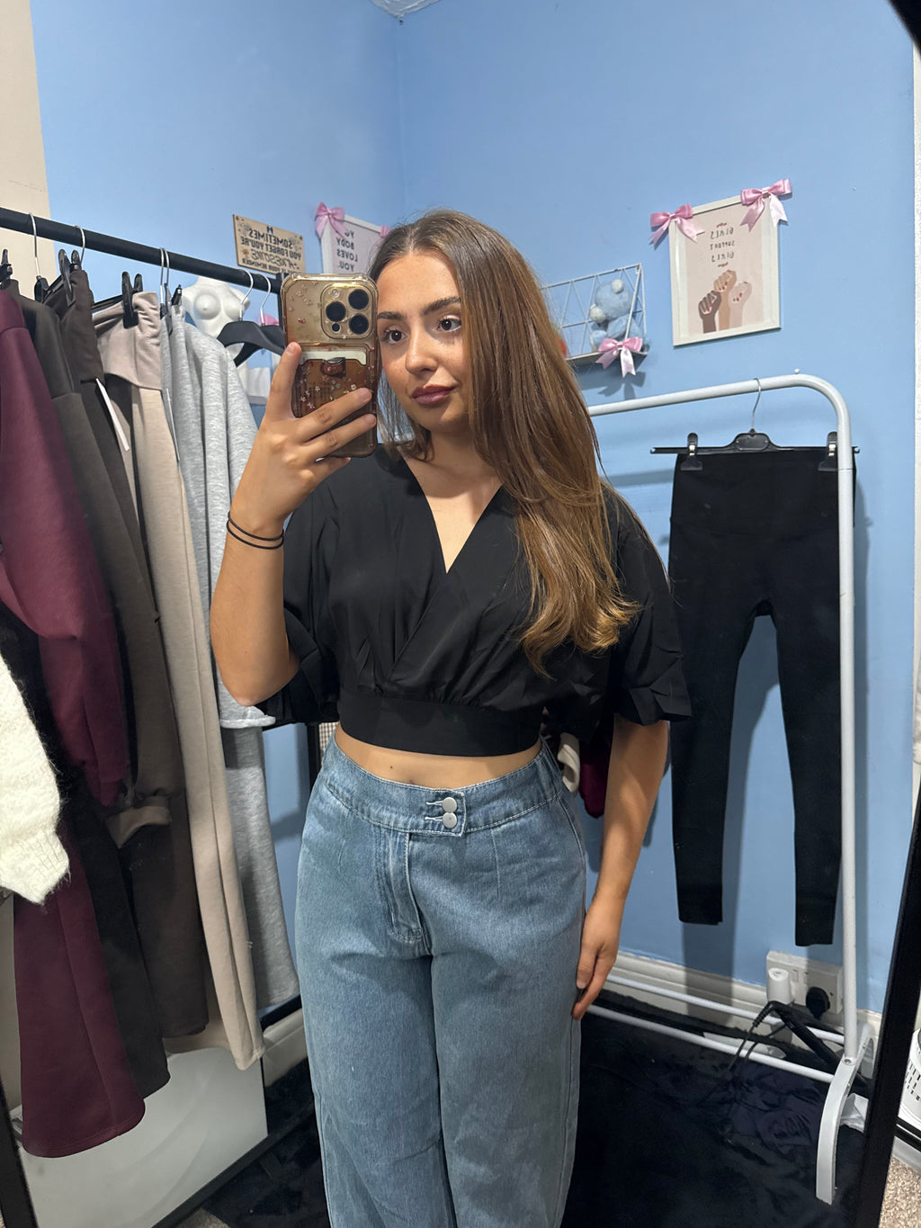 Black V-Neck Crop Top with Flared Sleeves
