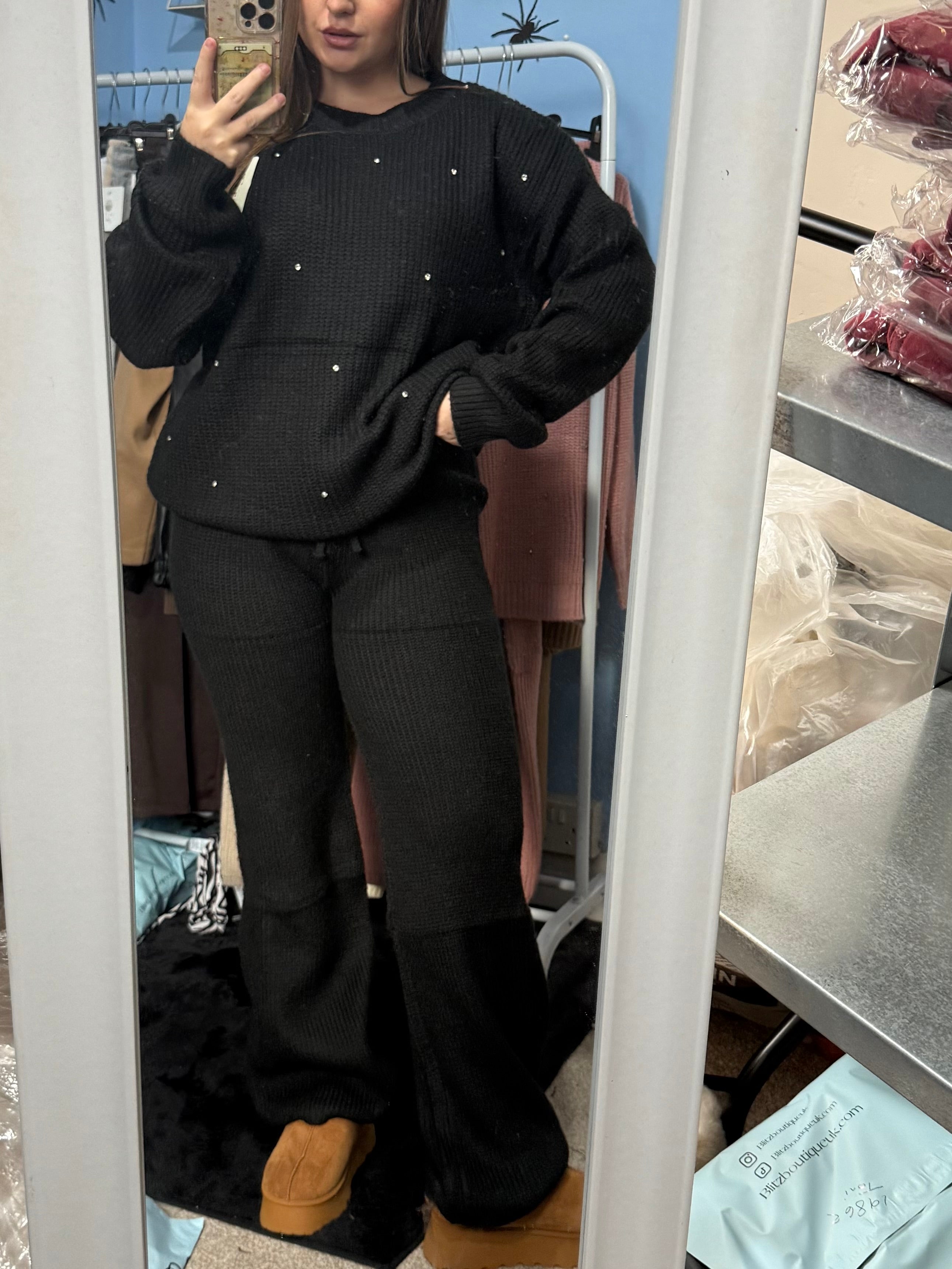 ALICE black knitter straight leg trousers and matching diamante jumper set