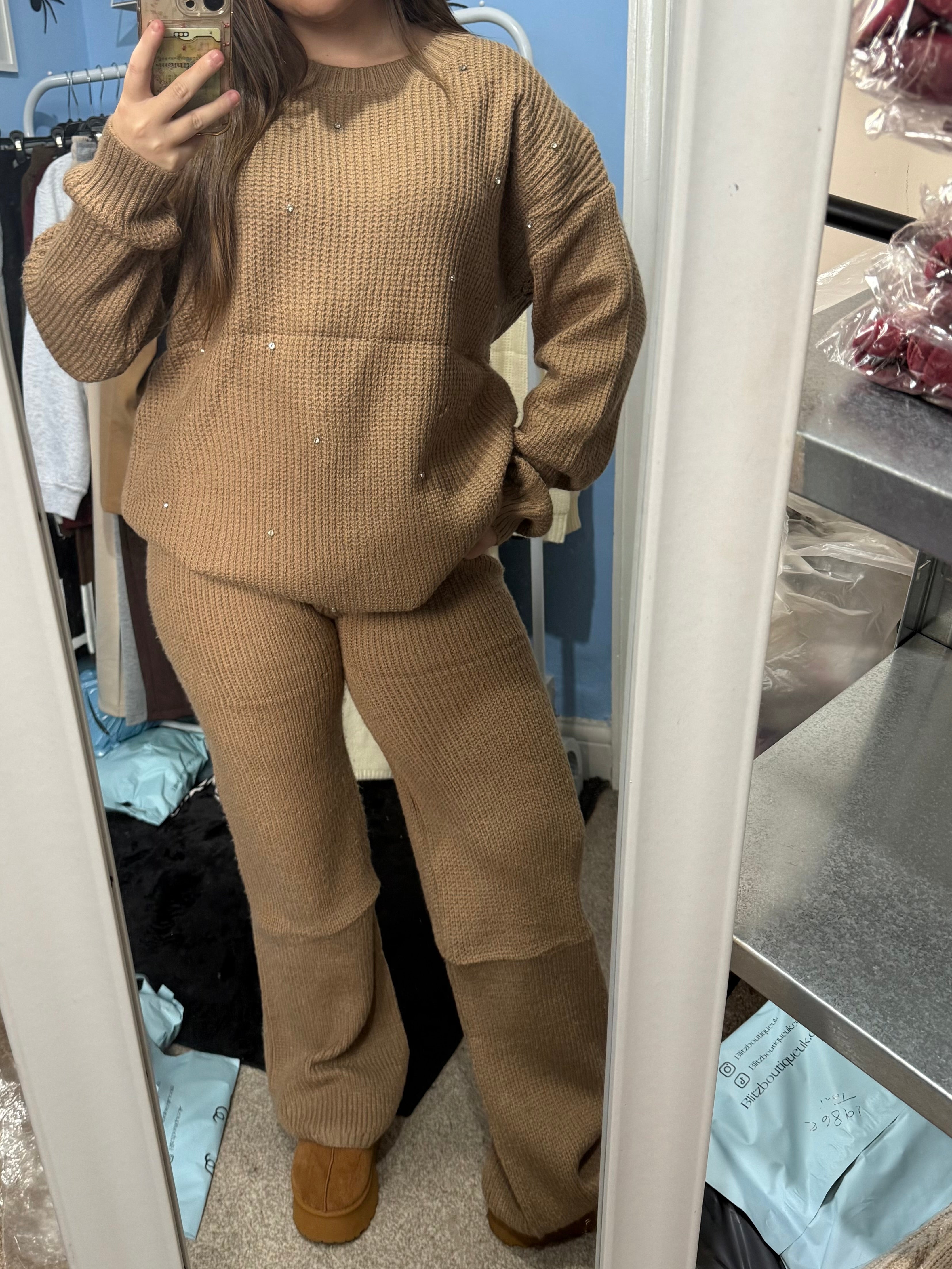 ALICE Mocha knitted straight leg trouser and matching diamante jumper set