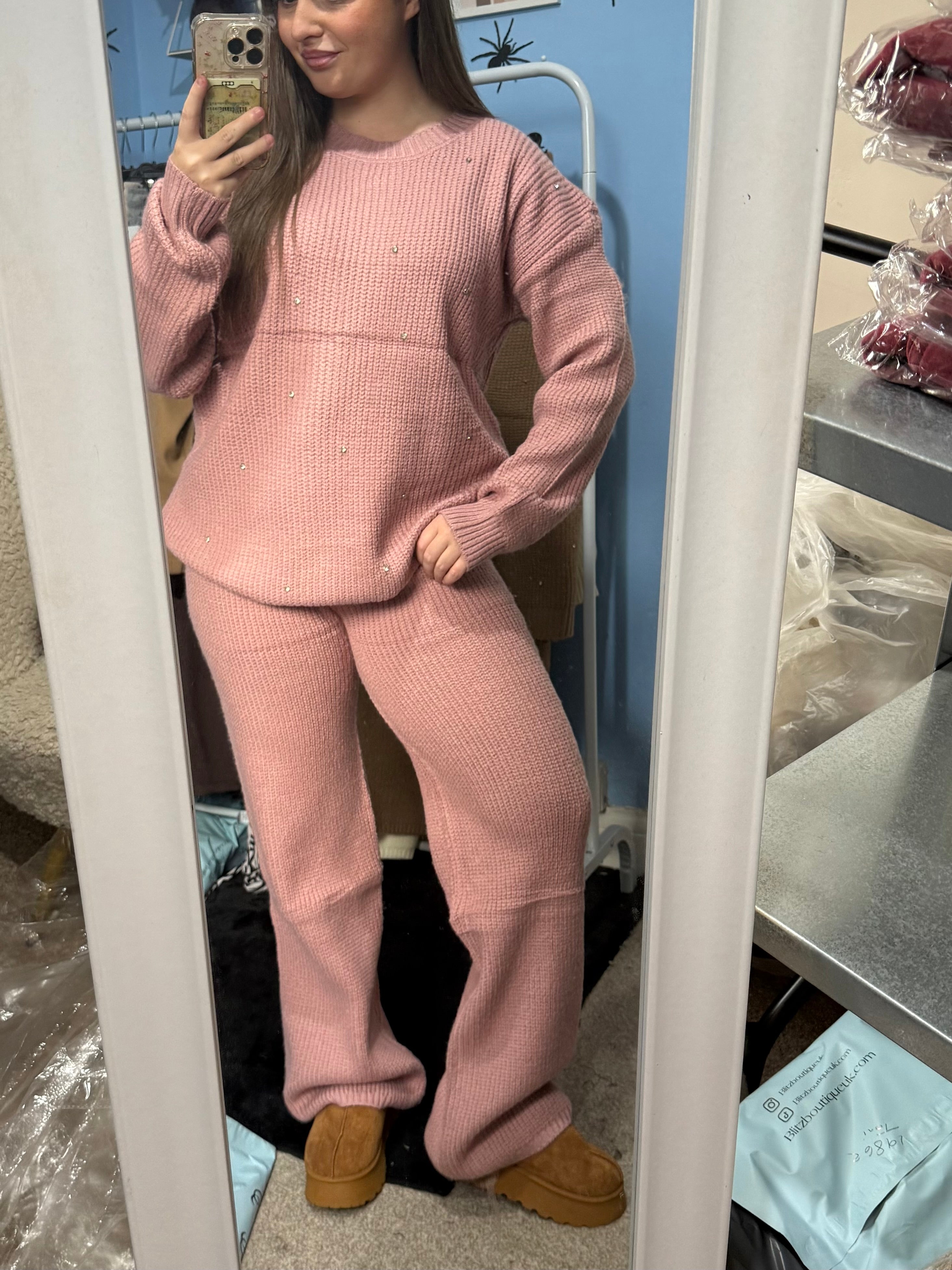 ALICE pink knitted straight leg trouser and matching diamante jumper set