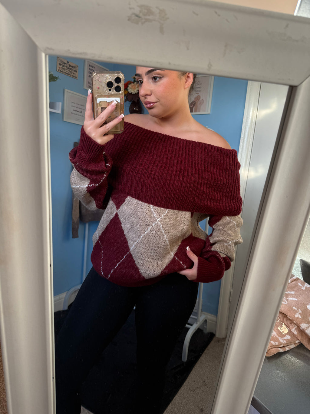 DAHLIA wine off the shoulder jumper
