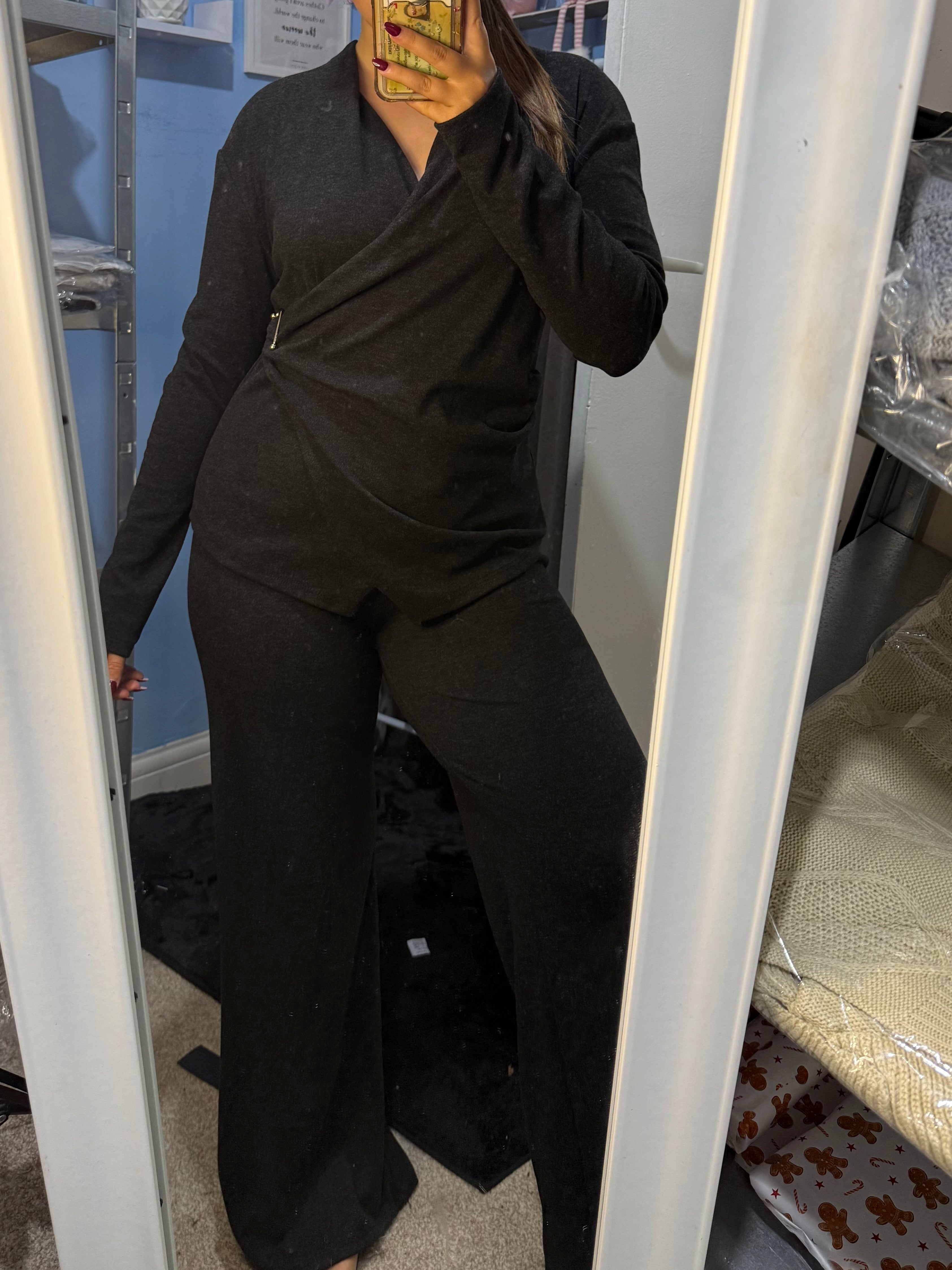 NOVA black gathered side top and matching trouser set