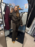 Brown and Burgundy Long Sleeve Top & Matching Trousers Set for Women