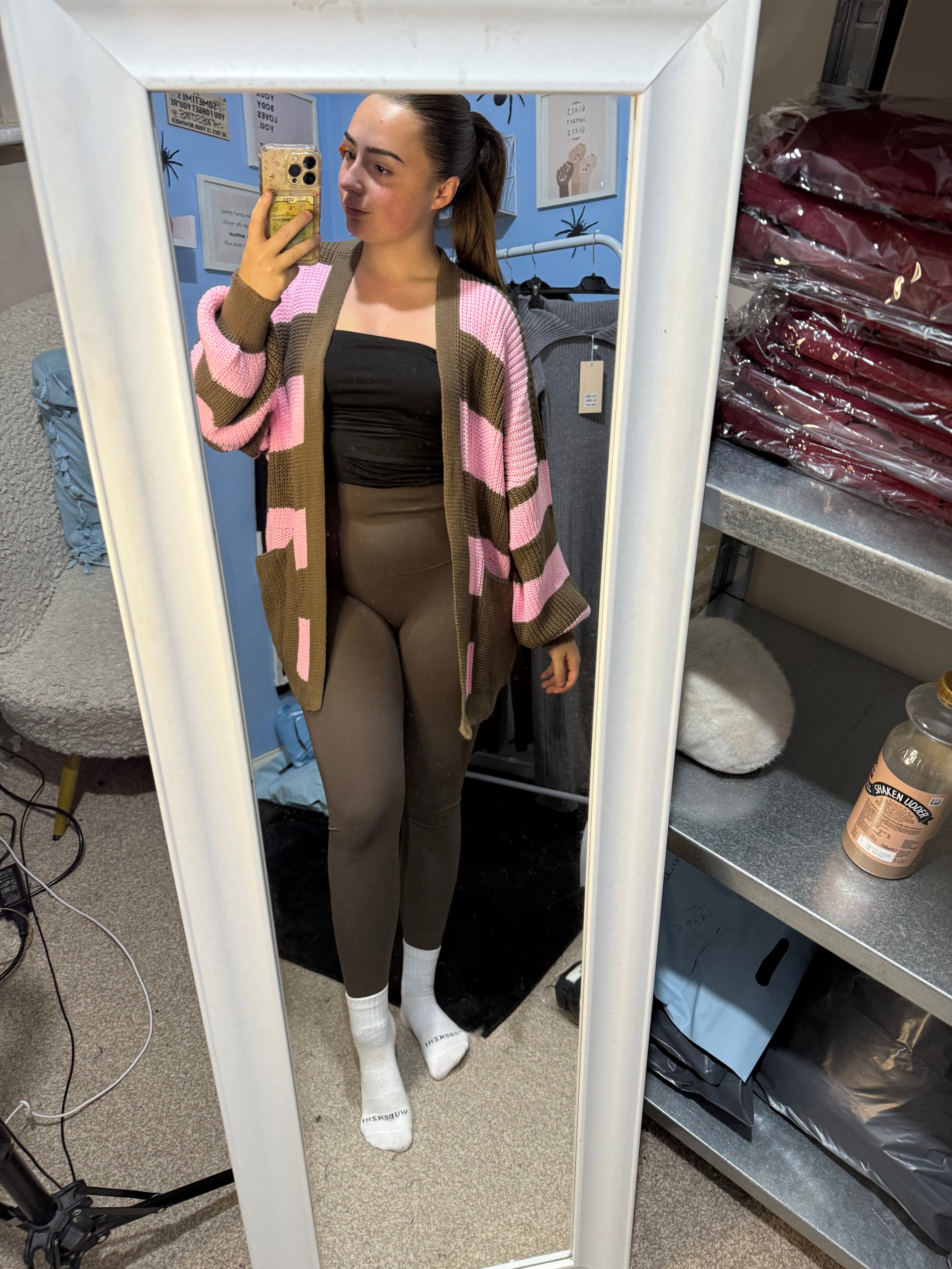 FLORA brown and pink knitted cardigan